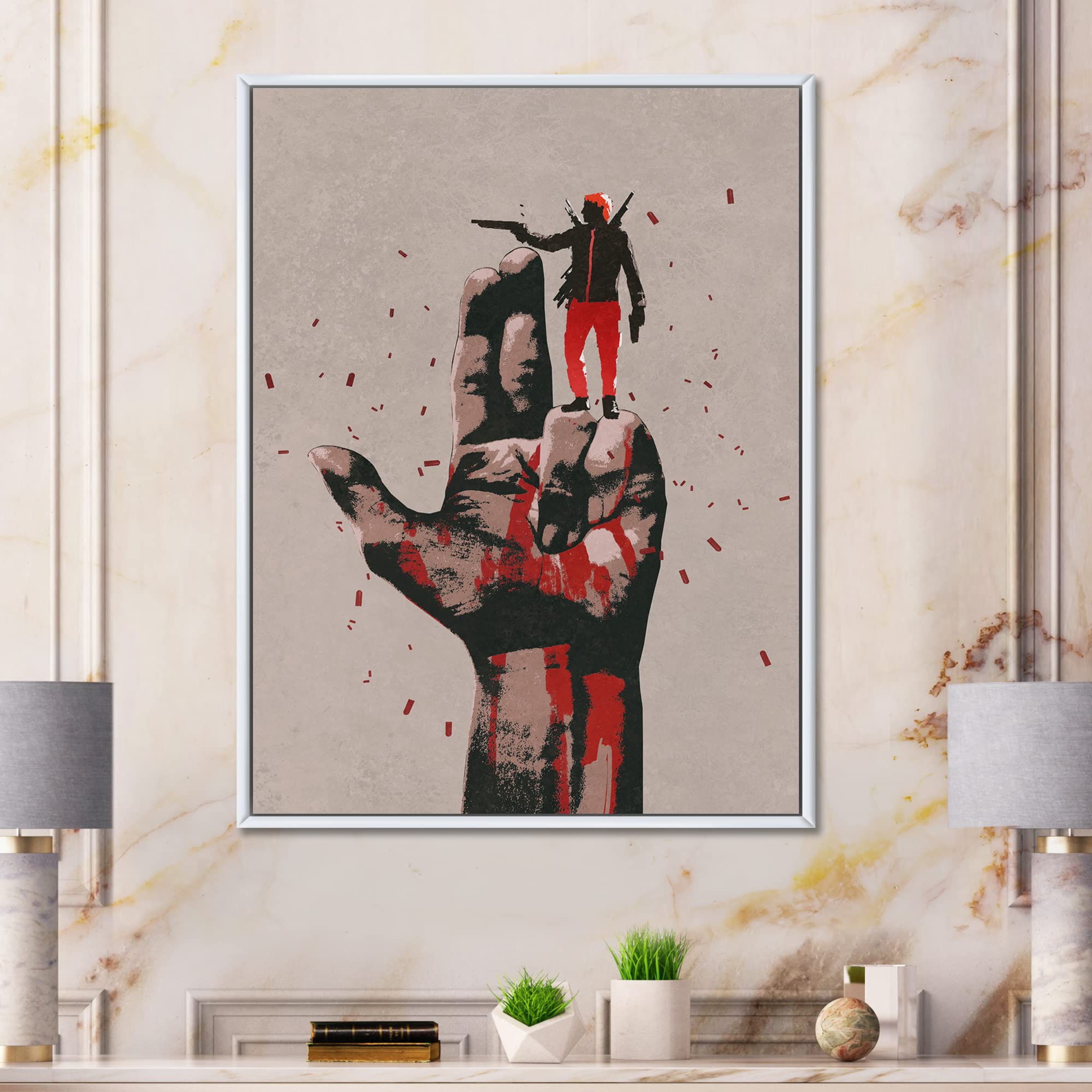 DesignQ Gun Sign With Man Shooting Gun - Modern Framed Canvas Wall Art Print for Home & Office Decor | Western Theme Wall Decor | Man Cave & Hunting Lodge Artwork