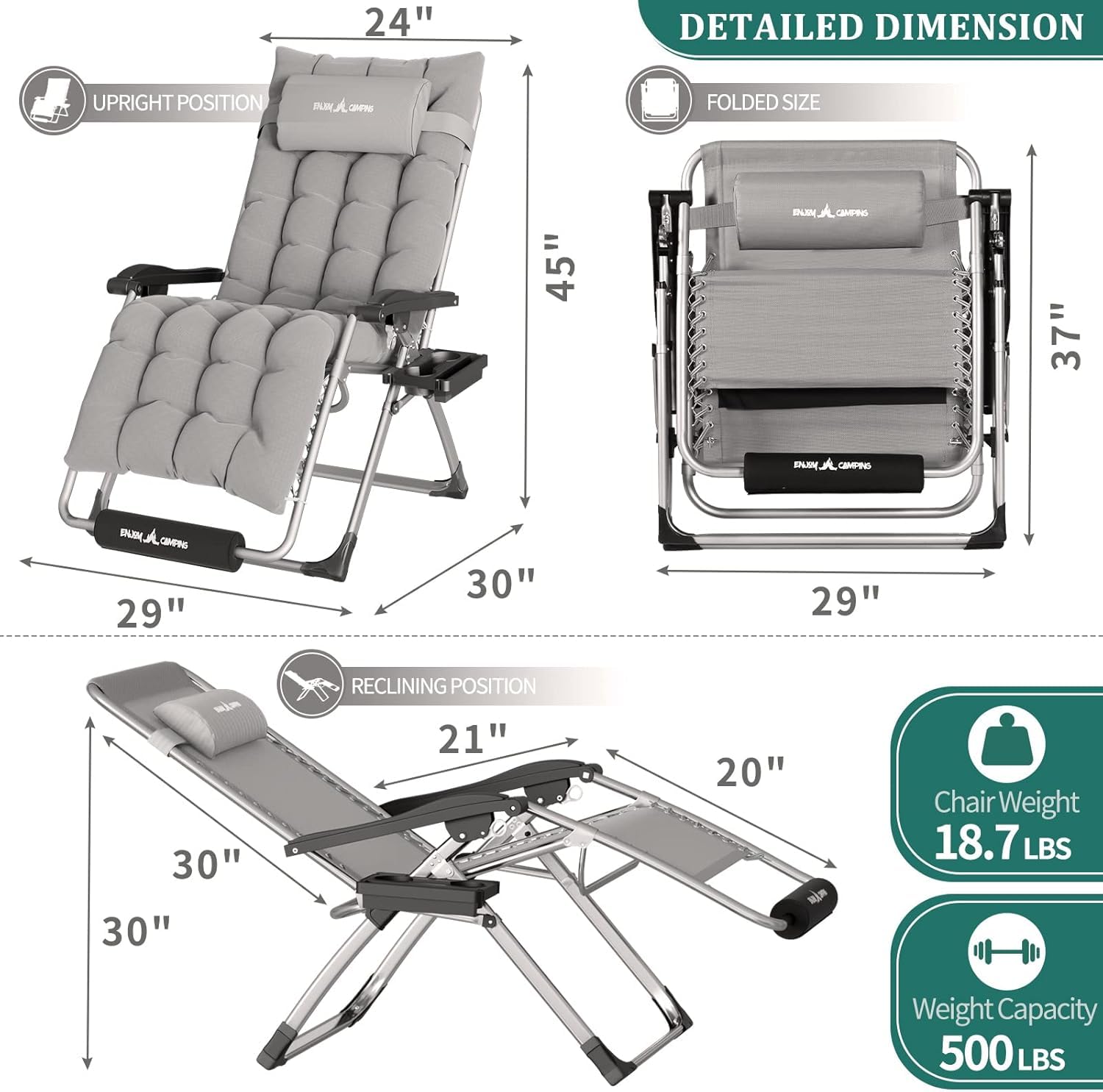 **UDPATIO Oversized Zero Gravity Chair 29In XL - Heavy Duty 500LB Capacity Patio Lounge Chair with Removable Cushion, Cup Holder & Footrest - Foldable Recliner for Backyard, Poolside & Camping - Grey**