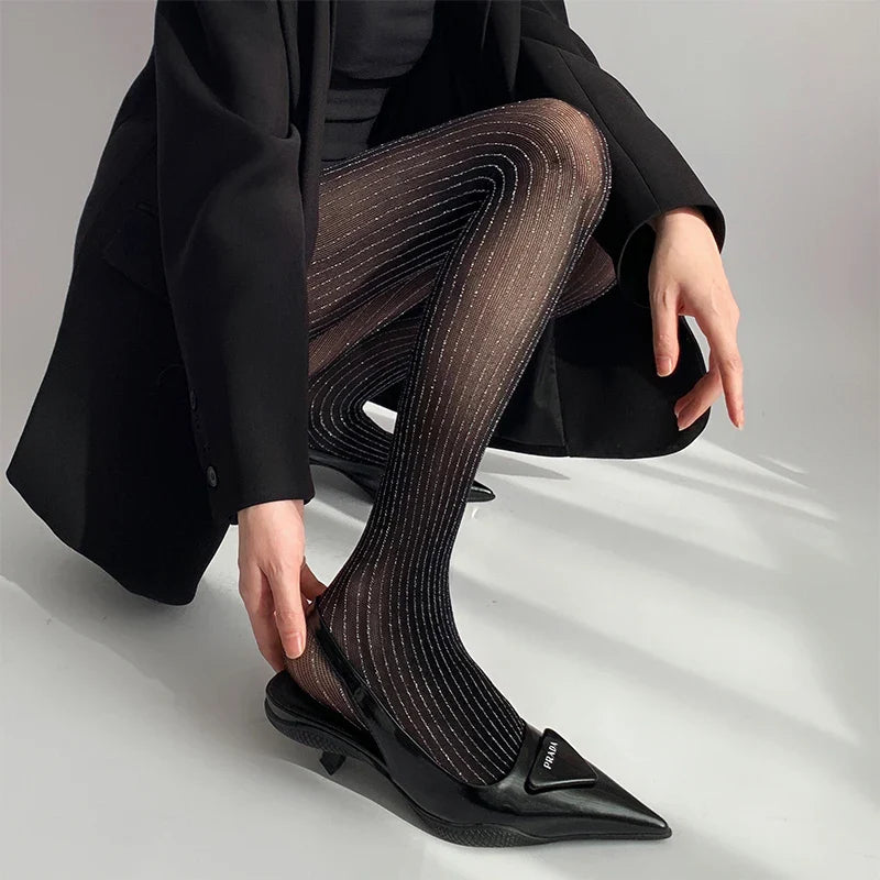 Luxury Black Thigh High Stockings for Women - Silver Silk Pantyhose, Sexy Slim Fit Lingerie Tights for Everyday Wear & Special Occasions