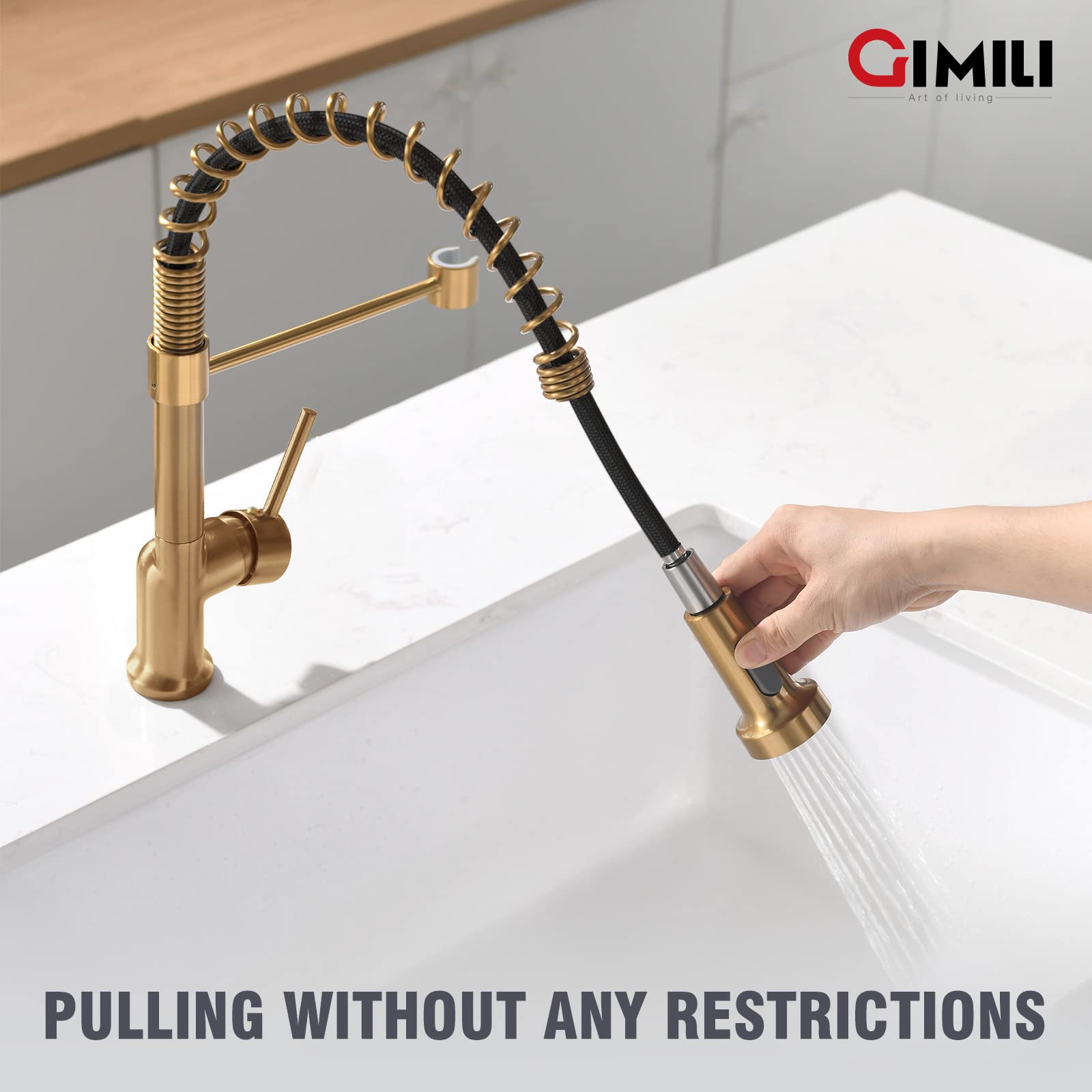 GIMILI Brushed Gold Kitchen Faucet with Pull Down Sprayer, Single Handle Brass Spring Design, RV Farmhouse Utility Bar Laundry Faucet for Kitchen Sink, Perfect for Modern and Rustic Home Decor