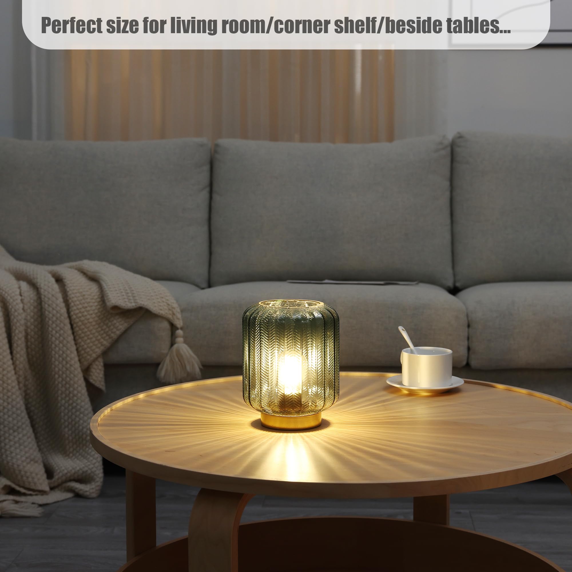 Battery Operated LED Table Lamp - Modern Cordless Bedside Lamp with Glass Shade & Timer, Portable Decorative Lighting for Living Room, Bedroom, Home Office, Camping & Emergency Use (Green)