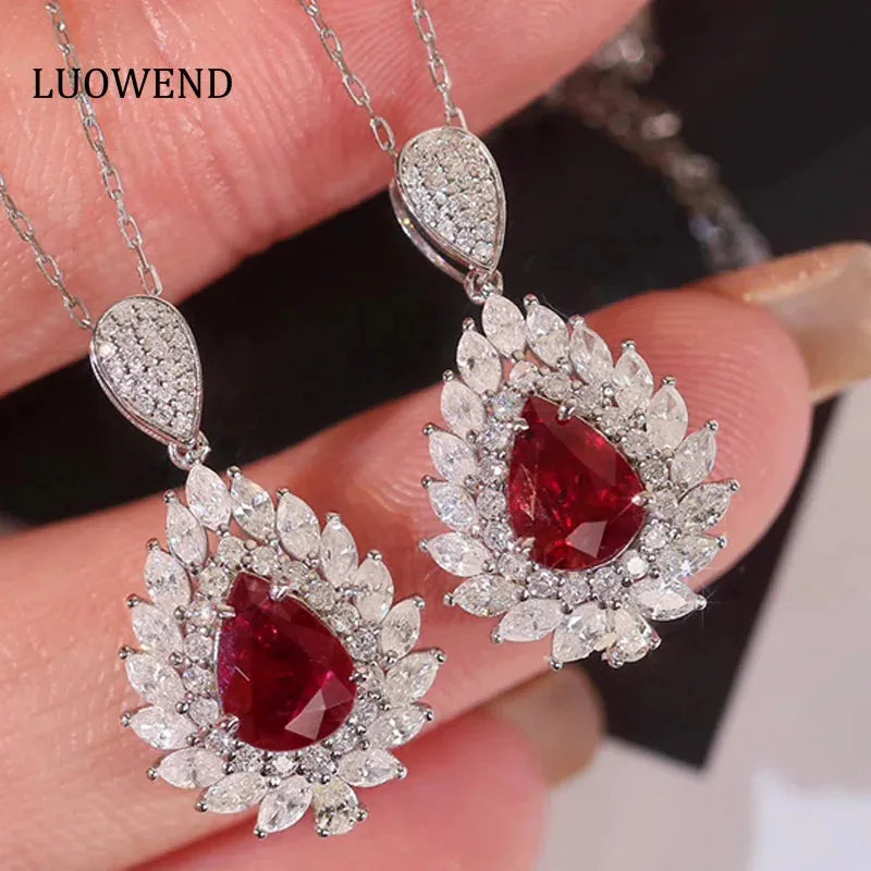 18K White Gold Diamond & Ruby Pendant Necklace for Women - Elegant Customizable Jewelry for Banquets, Parties & Special Occasions