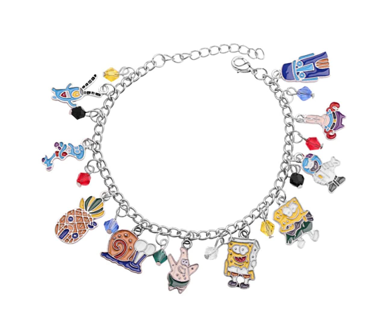 YBW SpongeBob SquarePants Character Charms - Silver Tone Charm Bracelet for Kids & Teens | Perfect for Gifts, Cosplay, and Cartoon Fans