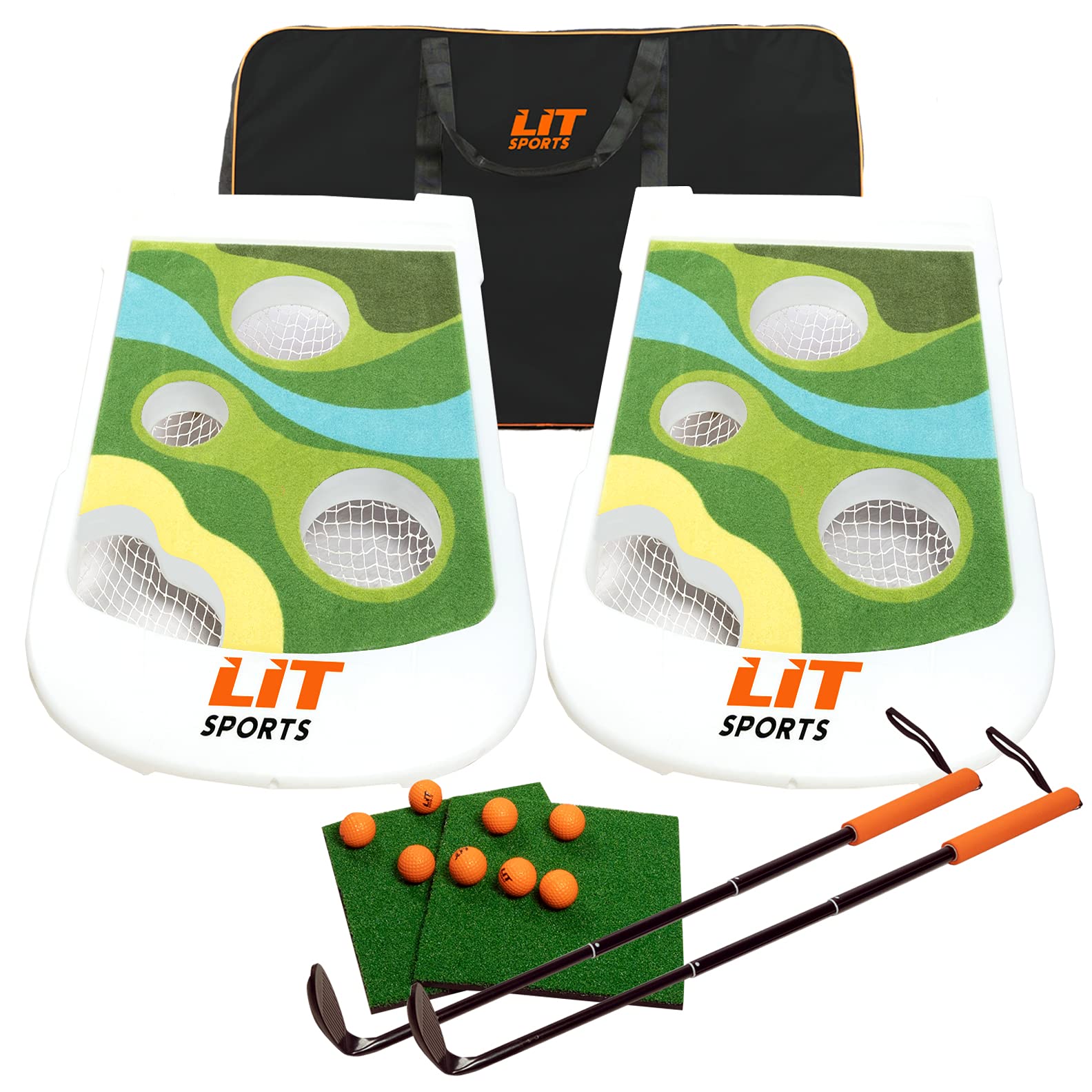 LIT Sports Golf Cornhole Chipping Game Set - 2 Target Boards, Hitting Mats, Golf Clubs, Balls & Carry Bag | Fun Outdoor Backyard Golf Game for Beach, Yard, Parties with Friends & Family | Perfect for Picnics, BBQs, Tailgating and Birthday Celebrations