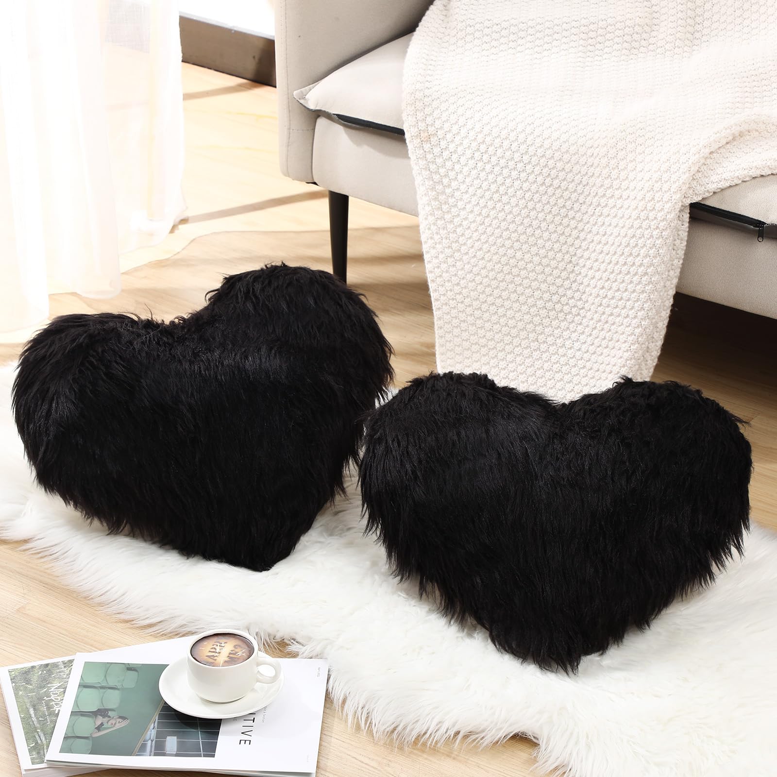 Enhon 2 Pack Fluffy Heart Shaped Pillows - 20x15.7 Inch Soft Faux Fur Throw Pillows with Insert for Valentine's Day, Wedding Decor, Bedroom, Living Room, Sofa & Office - Decorative Love Cushions (Black)