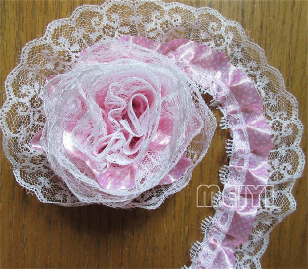 5 Meters Vintage Style Pink 2-Layer Pleated Organza Dot Lace Edge Gathered Mesh Trim Ribbon - 5 cm Width Embroidered Applique for Sewing, DIY Crafts, Wedding Dress & Clothing Embellishment - Perfect for Bridal Gowns, Home Decor, Scrapbooking and Costume Design