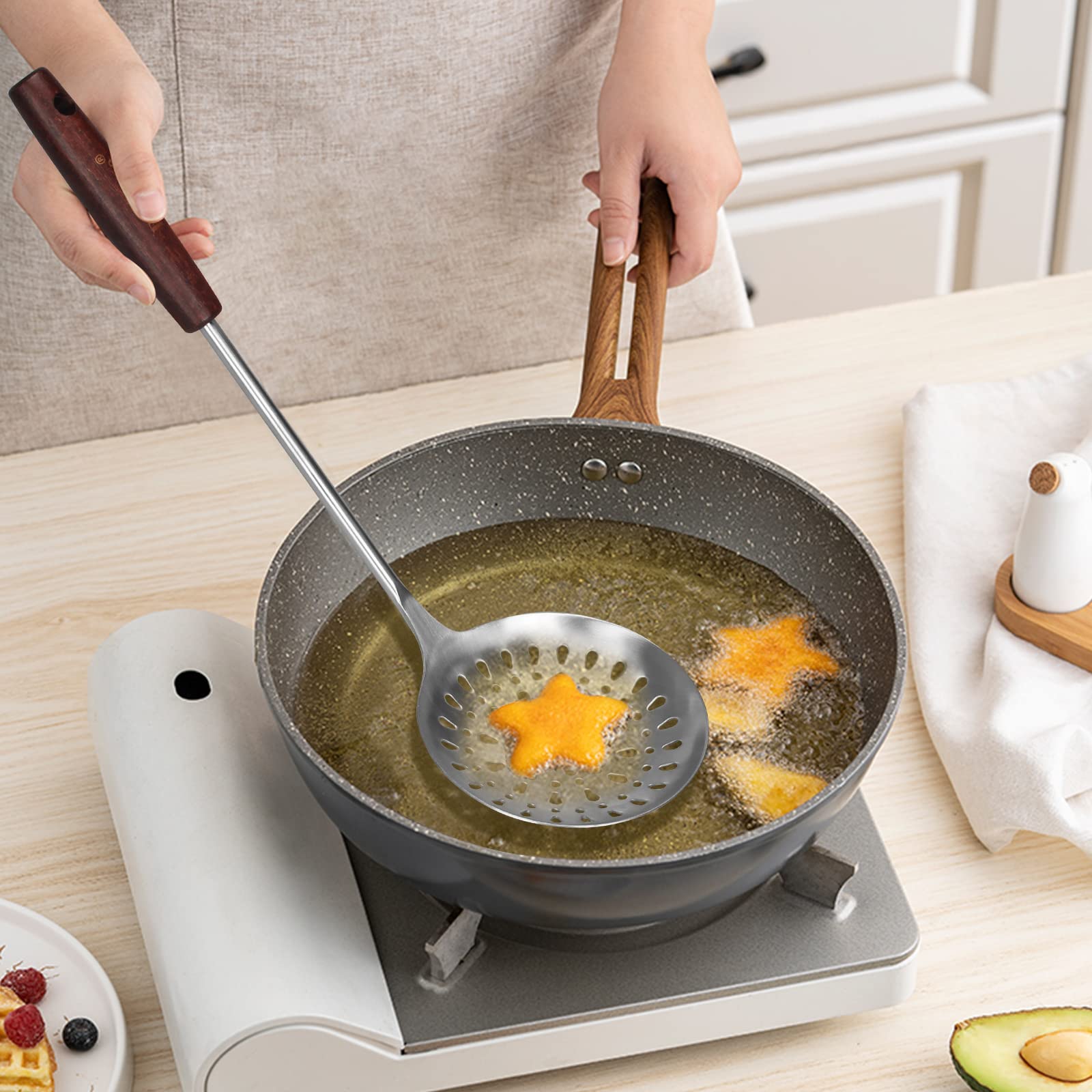 15 Inch Stainless Steel Slotted Turner & Soup Ladle Set - 304 Grade, Long Wooden Handle - Perfect for Stir-Frying, Flipping Pancakes, Serving Soups & Cooking Utensils