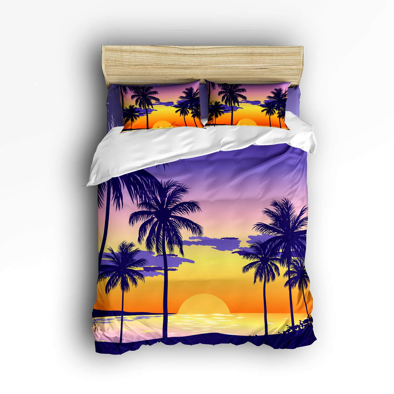 King Size Smile Sunflower Bedding Set - Soft Lightweight Duvet Cover with Hawaii Scenery, Sunset & Coconut Tree Beach Design - Includes 1 Duvet Cover, 1 Flat Sheet & 2 Pillowcases - Perfect for Beach Themed Bedrooms, Vacation Homes & Tropical Decor