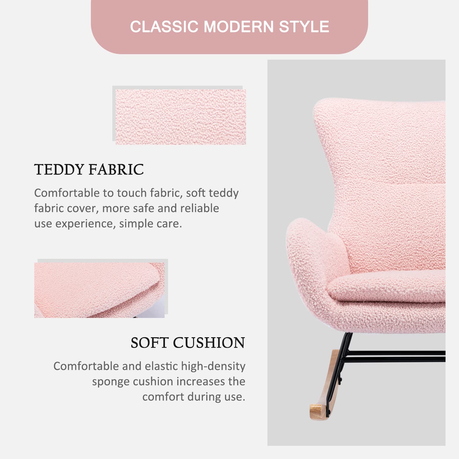 Comfy Upholstered Nursery Glider Rocker Chair with High Backrest & Armrests - Pink Small Rocking Chair for Living Room, Bedroom, Nursery & Baby Shower Gifts