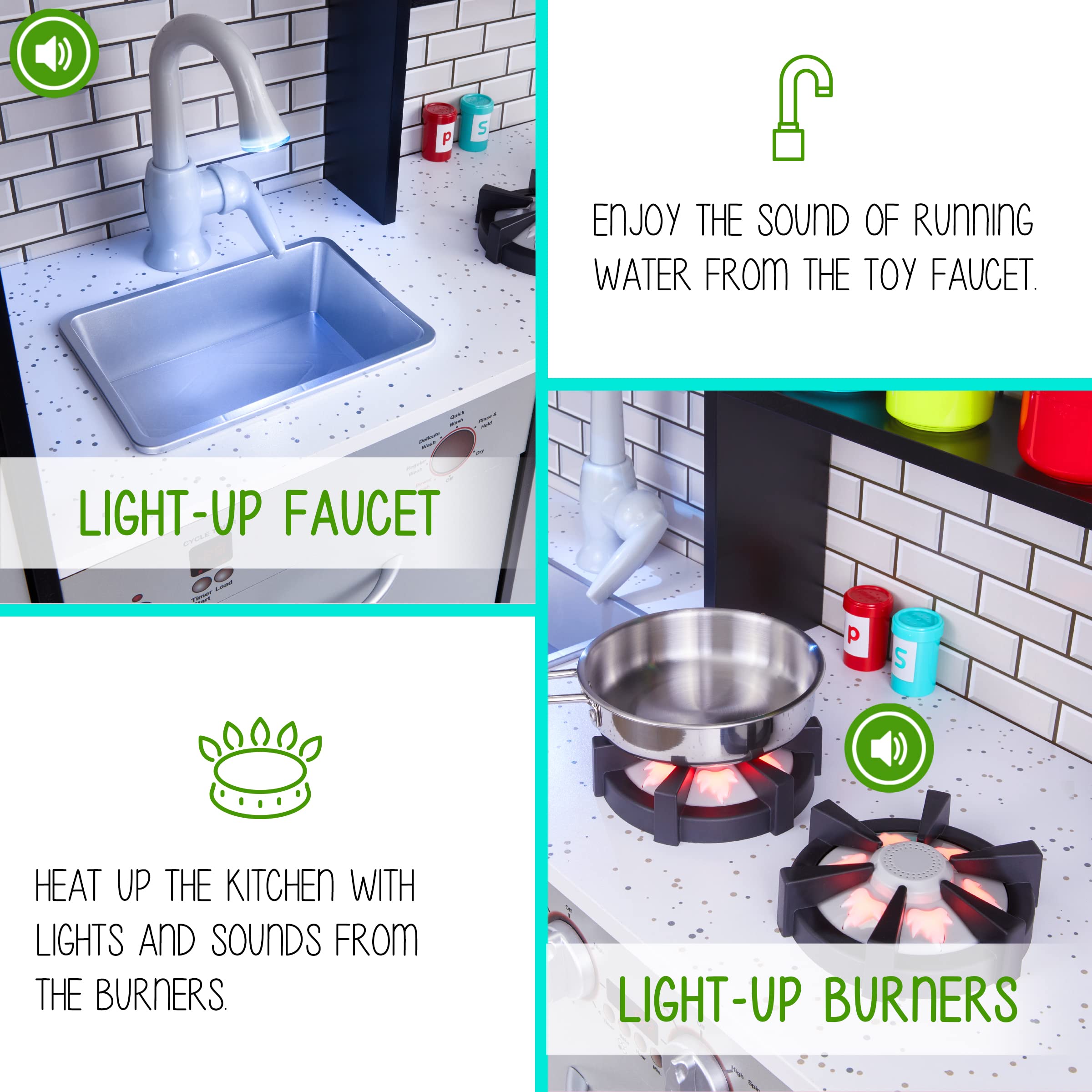 **Lil' Jumbl Kids Wooden Play Kitchen Set with Realistic Sounds & Lights - Battery Operated Icemaker, Burners, Faucet & Microwave - Includes Pots & Pans - Charcoal - Perfect for Pretend Play & Early Learning**