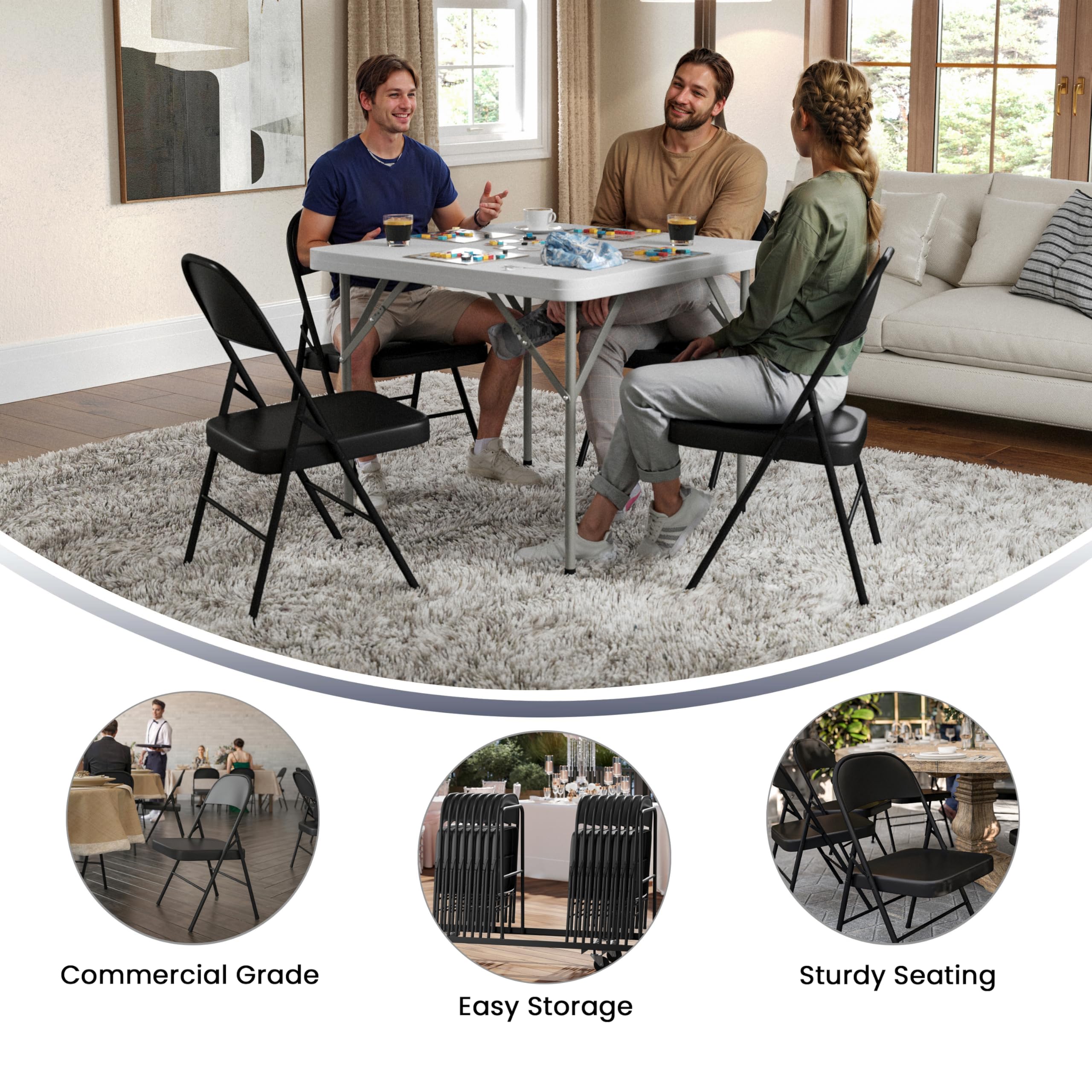Flash Furniture HERCULES Series Heavy Duty Black Metal Folding Chair - Double Braced for Extra Strength - Perfect for Events, Parties, and Home Use