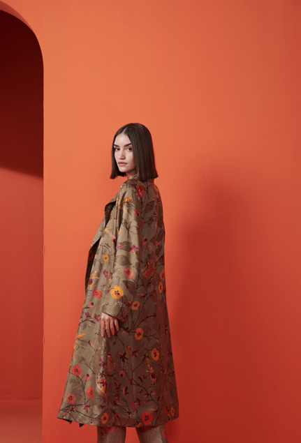Luxury Long Silk Damask Coat in Olive Green - Elegant Women's Outerwear for Fall & Winter | Perfect for Formal Events, Weddings & Evening Occasions