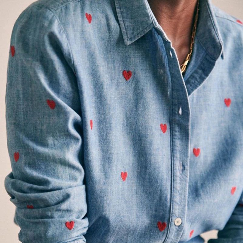 Women's Heart Embroidery Denim Shirt - Turn Down Collar Long Sleeve Blouse for Valentine's Day Gifts | Casual Wear, Date Night Outfit, Romantic Occasion Fashion