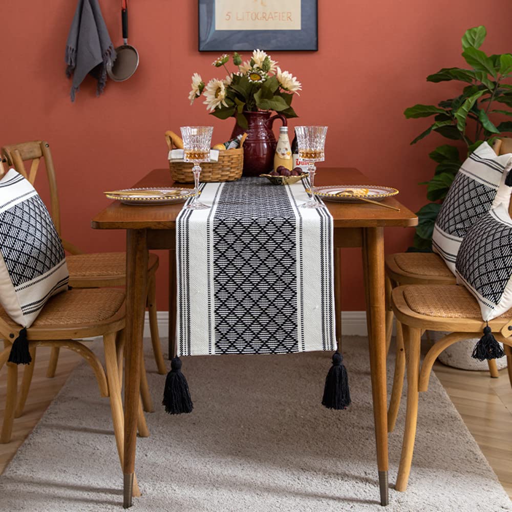 Boho Tassel Table Runner - Farmhouse Rustic Geometric Woven Table Cover for Dining Room Decor, Holiday Parties & Banquets | Perfect for Boho Home Decor, Wedding Reception & Thanksgiving Dinner Table Setting