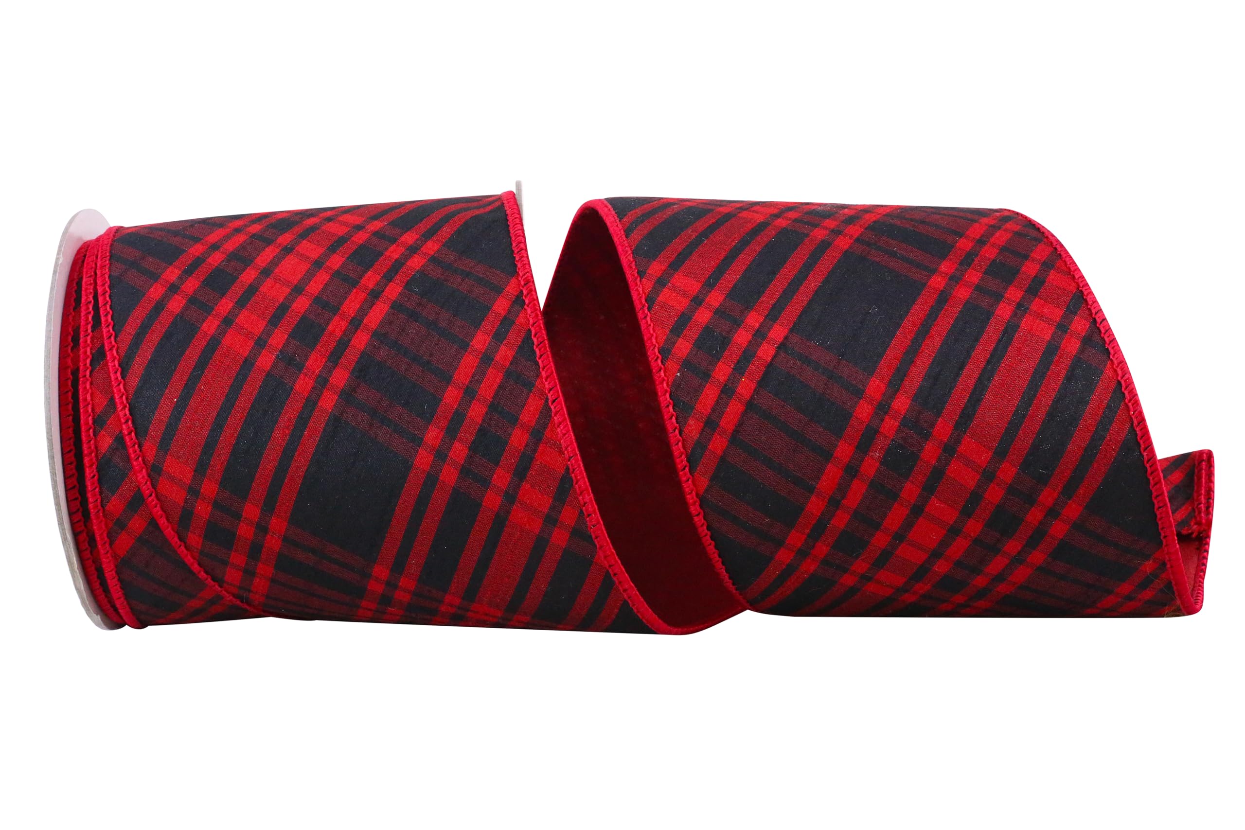 Reliant Ribbon Buffalo Cabin Plaid Wired Edge Ribbon - 4 Inch x 10 Yards, Black/Red - Perfect for Gift Wrapping, Holiday Decorations & DIY Crafts