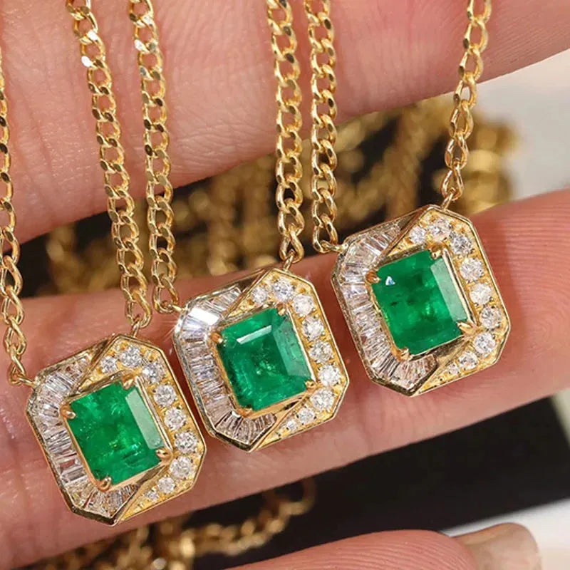 18K Yellow Gold Pendant Necklace with Real Diamond & Genuine Emerald - Elegant Women's Jewelry Gift for Anniversary, Birthday & Special Occasions