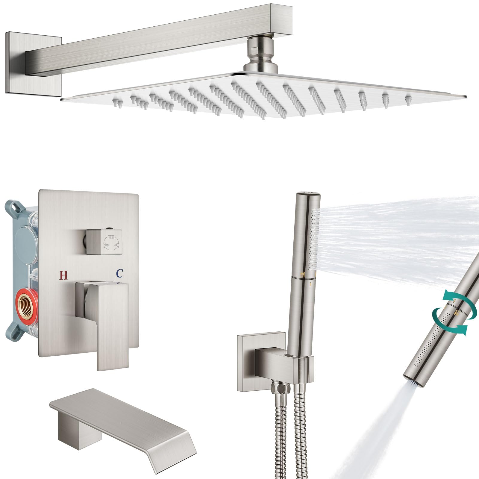 Aolemi 10 Inch Rainfall Shower Tub Faucet Set - Wall Mount Tub and Shower Faucet Combo with 2-in-1 Handheld Sprayer & Rough-in Valve - Brushed Nickel Finish for Bathroom Renovation and Spa-Like Shower Experience