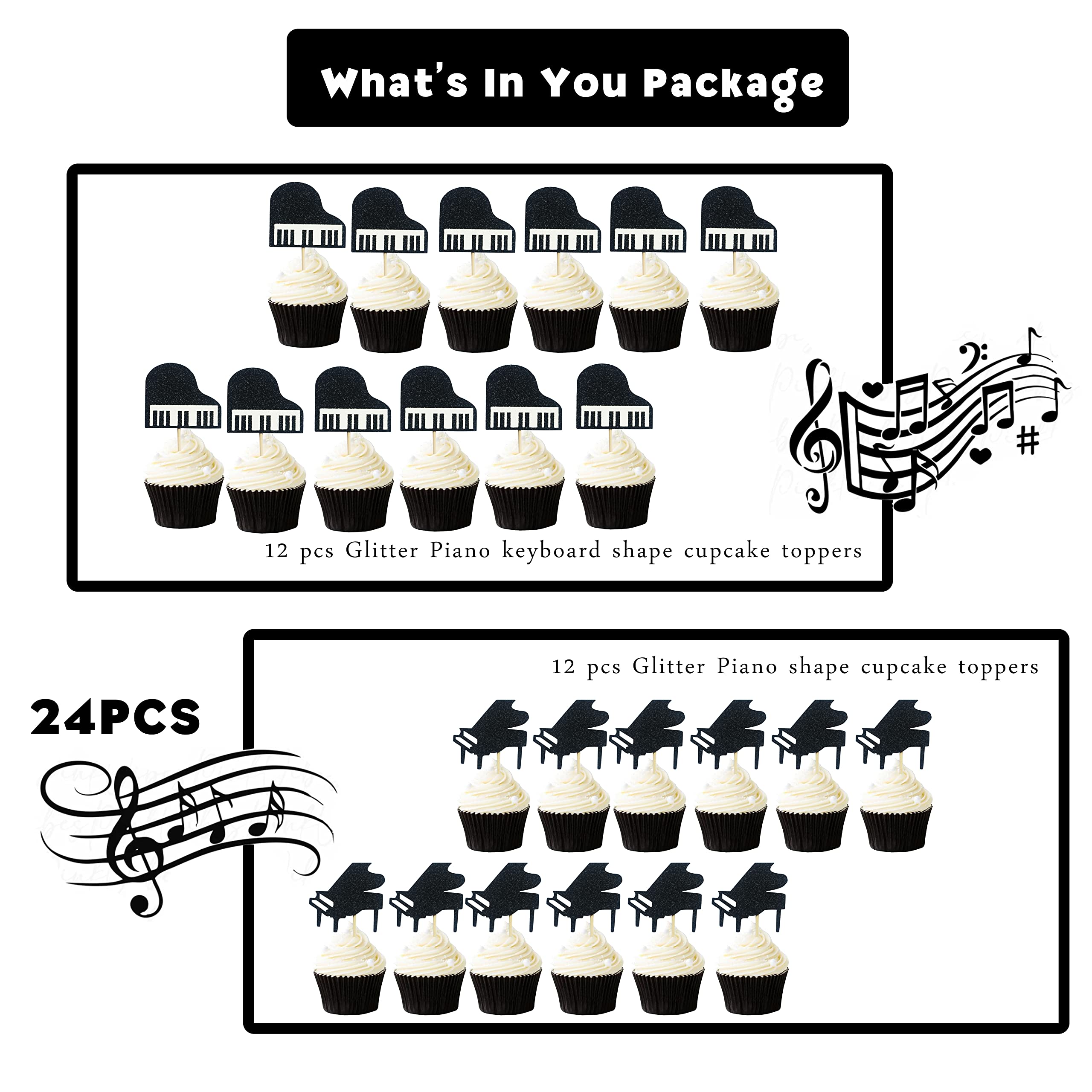 24PCS Piano Birthday Cupcake Toppers - Music Theme Party Cake Decorations for Musician Birthday, Baby Shower & Wedding Celebrations