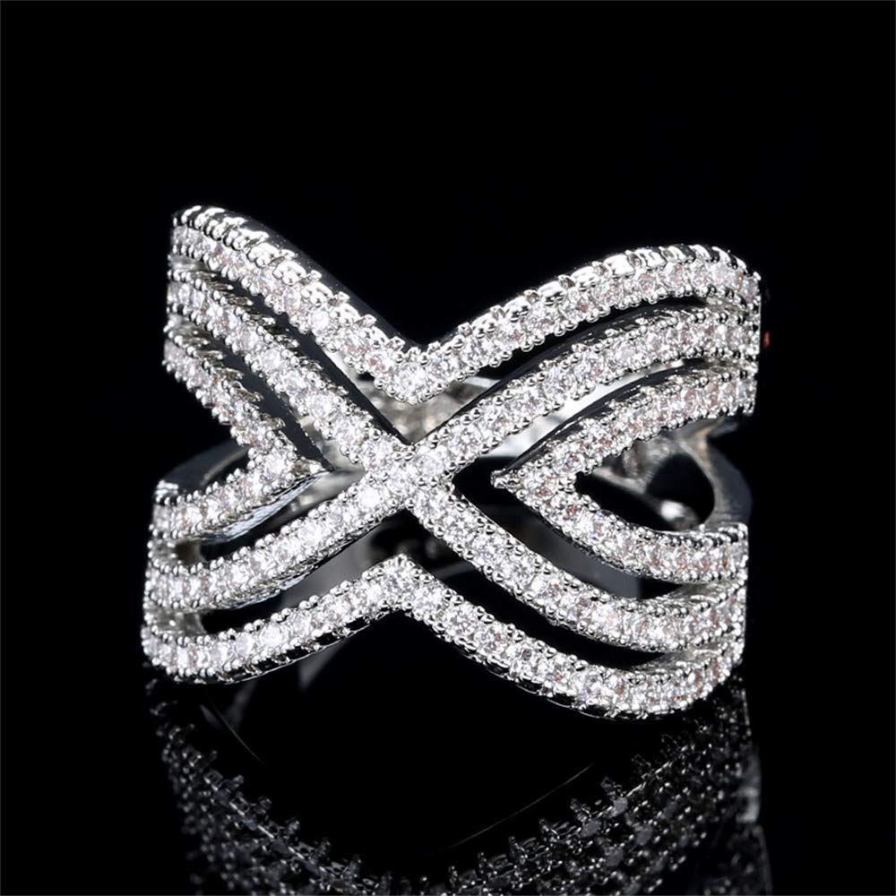 SixTwo 925 Sterling Silver Shiny Full Diamond AAA Cubic Zirconia Rings for Women - Multi Row X Cross Eternity Wedding Band, Engagement & Anniversary Jewelry Gift (Perfect for Bridal, Prom, Date Night & Special Occasions)