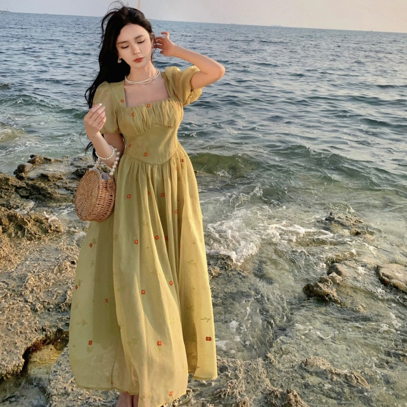 French Square Neck Floral Retro Chiffon Long Dress for Women - Elegant Fairy Green Summer Maxi Dress for Beach, Wedding & Special Occasions