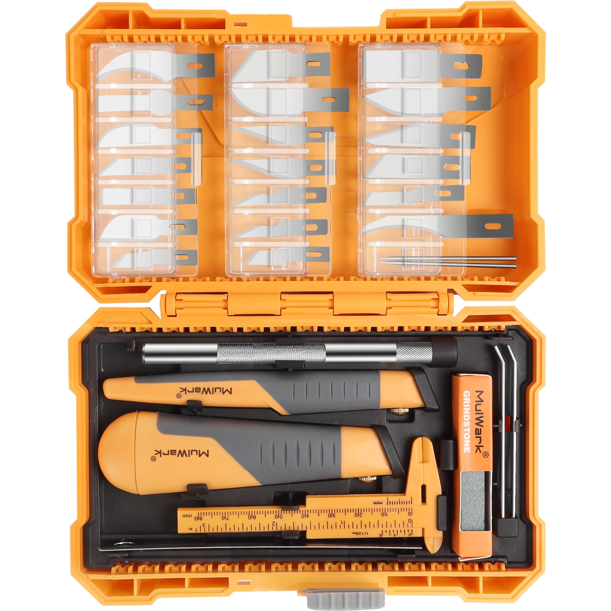MulWark 41-Piece Precision Hobby Knife Set with Sharpening Stone & Steel Ruler - Exacto Knife for Modeling, Crafts, Woodworking - Includes Chisel, Stencil & Fine Point Blades - Perfect for DIY Projects, Art Creations & Detailed Carving
