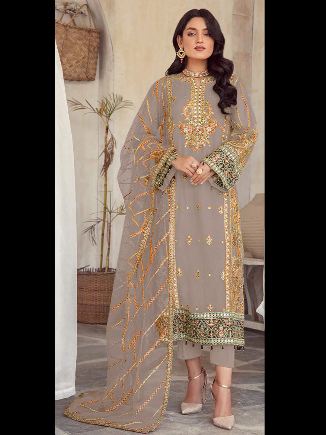 Elegant Beige Traditional Designer Semi-Stitched Pant Suit with Exquisite Embroidery | Perfect for Weddings, Parties & Special Occasions