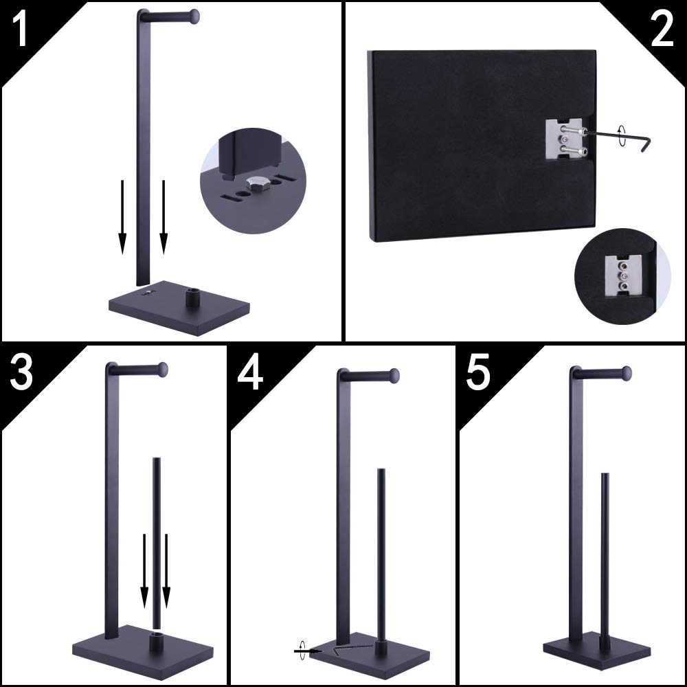 GERZWY SUS 304 Stainless Steel Free Standing Toilet Paper Holder - Matte Black Bathroom Tissue Roll Stand for Bathroom, Toilet, Powder Room & Guest Bath Decor