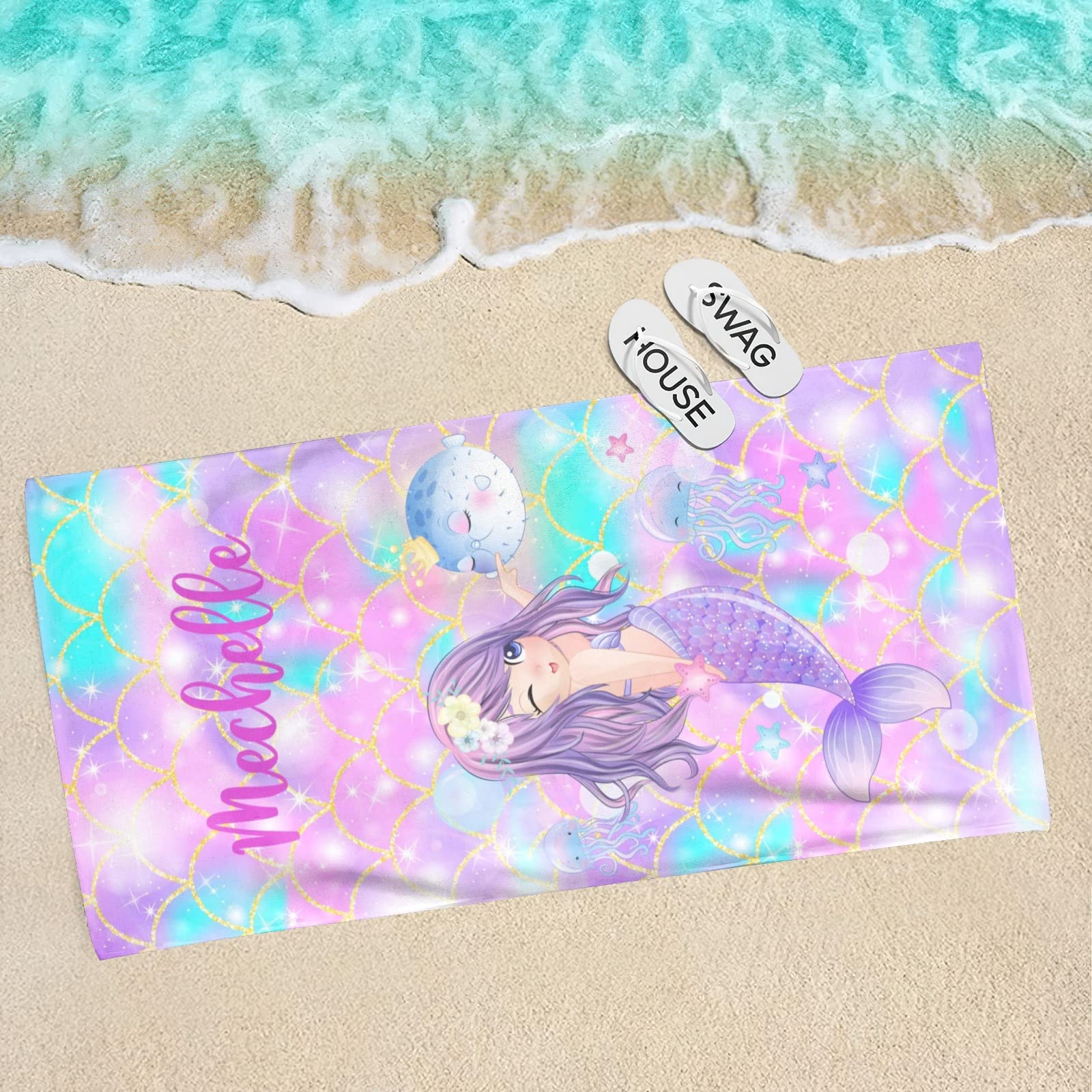 Dr.TOUGH Personalized Kids Beach Towels - Custom Name Mermaid Beach Towel for Girls, Microfiber Quick Dry (Mermaid H) - Perfect for Pool, Beach & Summer Vacations