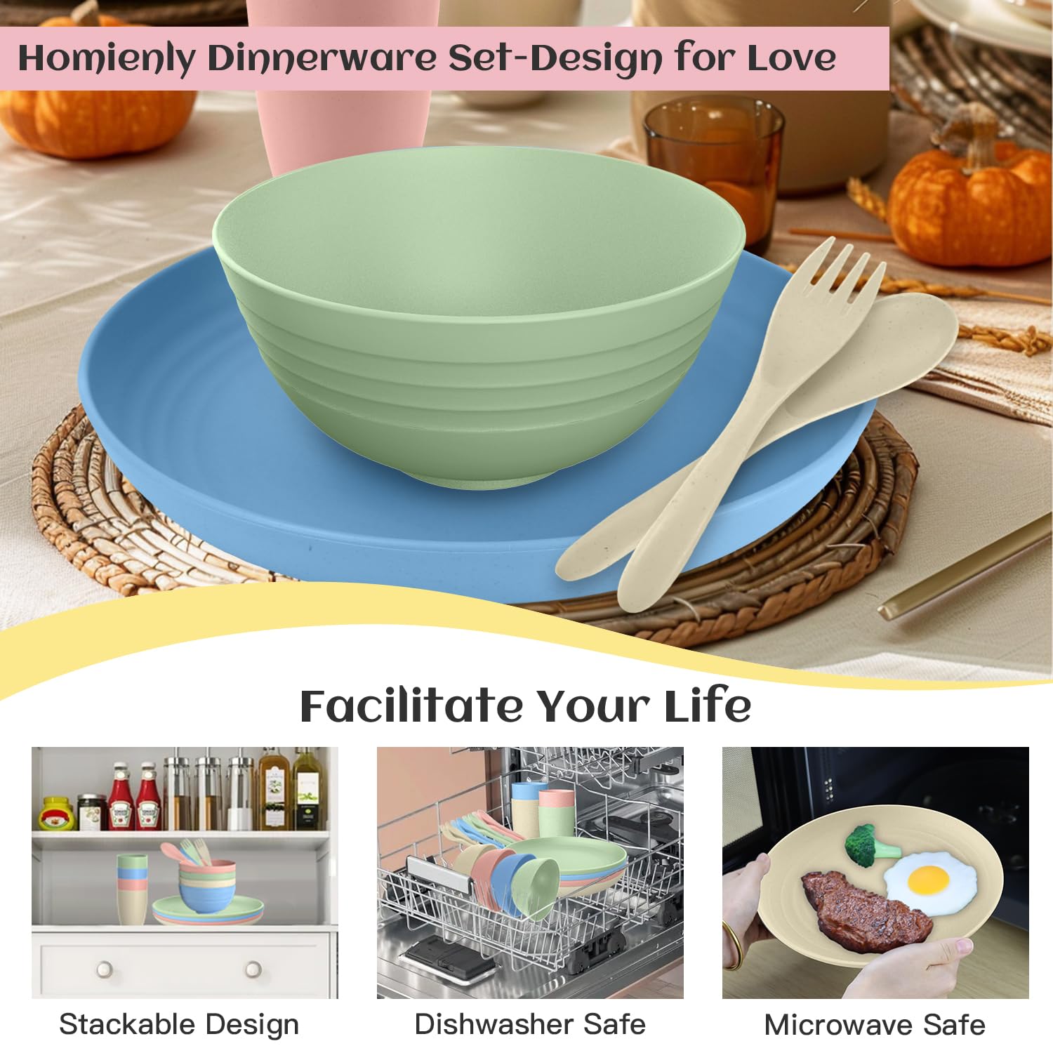 Eco-Friendly Wheat Straw Dinnerware Set - 20-Piece BPA-Free Plates & Bowls | Microwave & Dishwasher Safe | Unbreakable Reusable Tableware for Kitchen, Camping, Picnics & Outdoor Dining