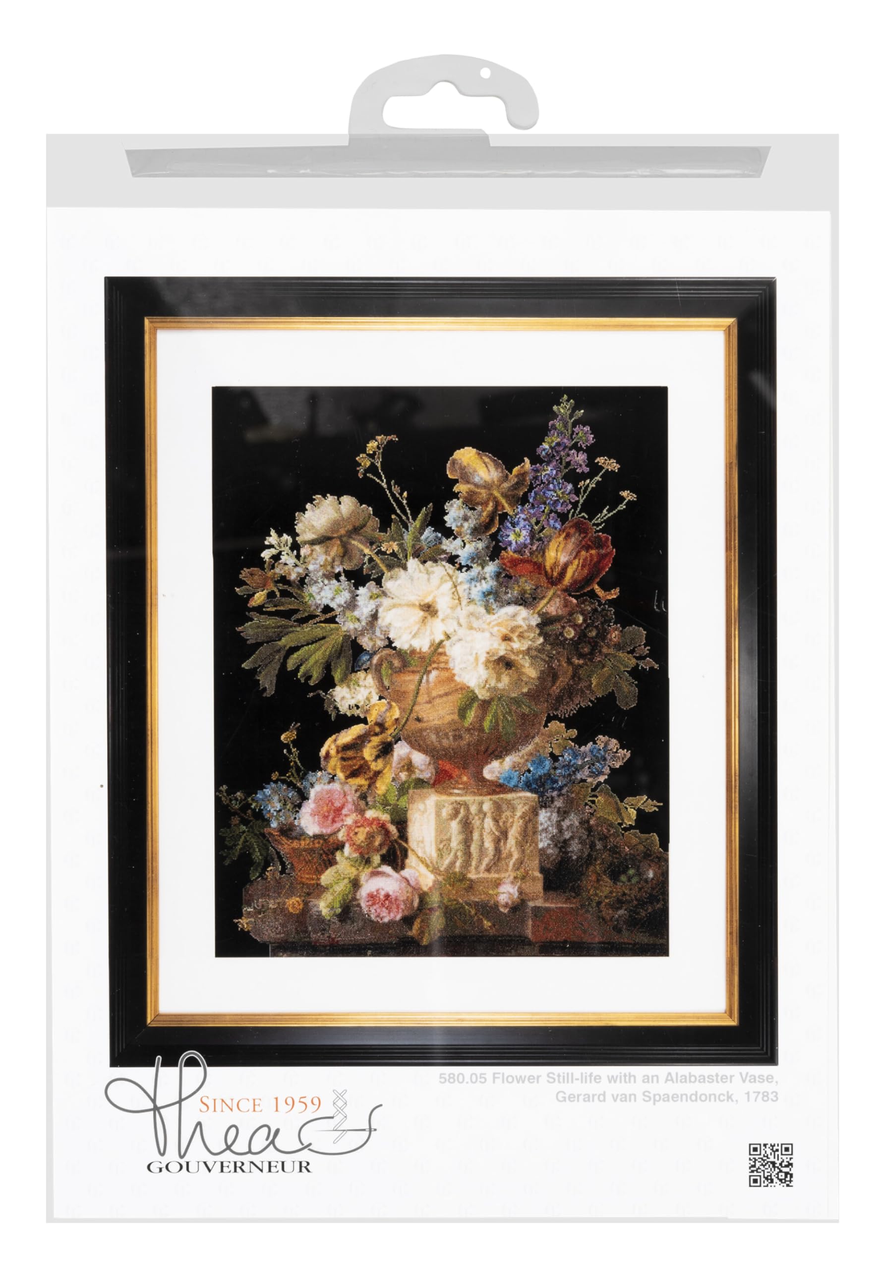 Thea Gouverneur Flower Still-Life Cross Stitch Kit with Alabaster Vase - 18 Count Black Aida Fabric - Includes DMC Embroidery Threads & Supplies - Adult DIY Craft Project - Perfect for Home Decor, Gift Giving & Relaxation