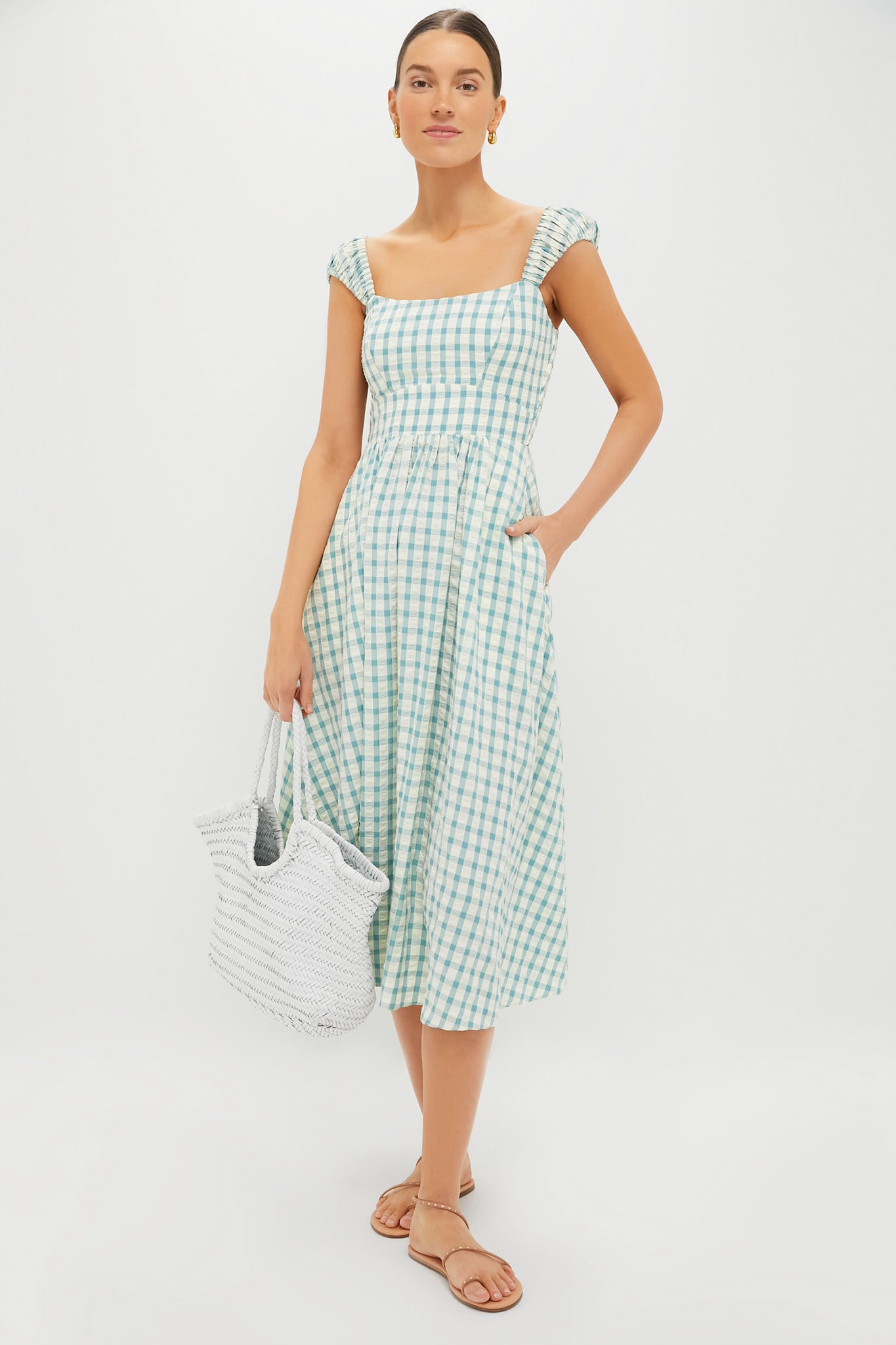Blue Gingham Seersucker Amy Dress - Summer Floral Print Women's Dress for Beach Vacation, Garden Party & Casual Outings