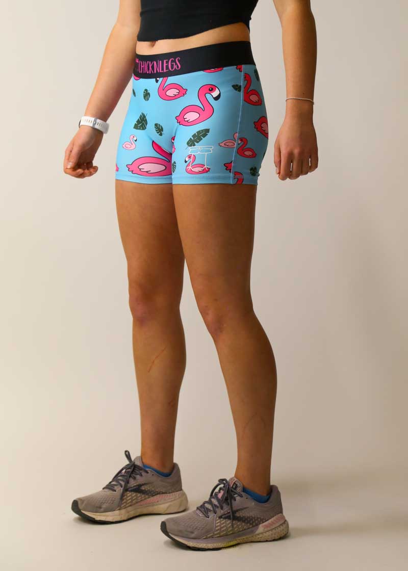 Women's High-Waisted Blue Flamingo Print 3-Pack Compression Shorts - Workout, Running & Yoga Activewear for Women