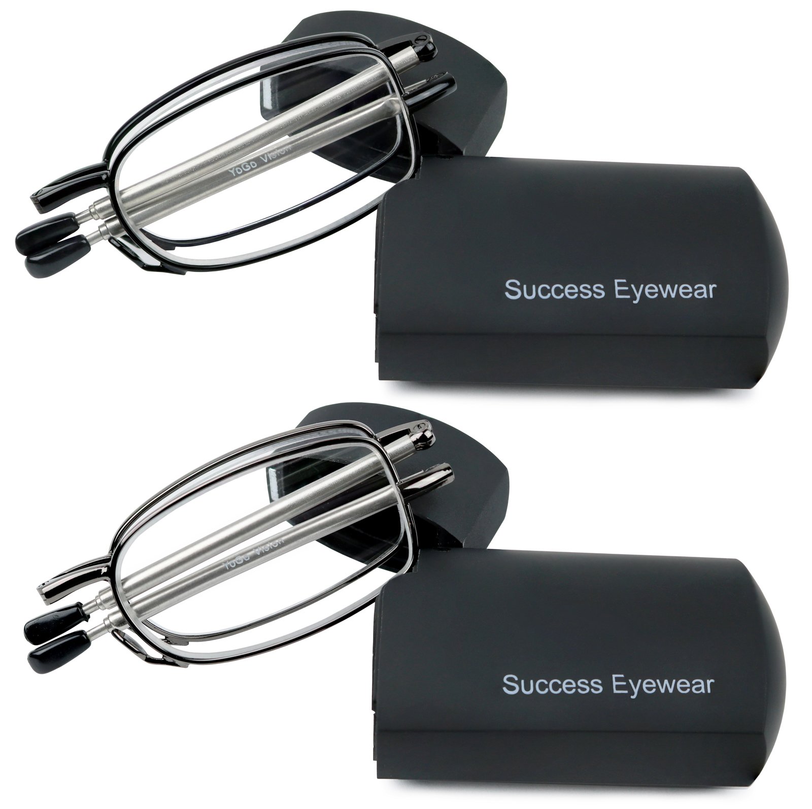 Success Eyewear Reading Glasses 2-Pack - Black & Gunmetal Folding Readers for Men & Women | Compact Lightweight Design with Protective Case | Perfect for Reading, Travel, and Office Use