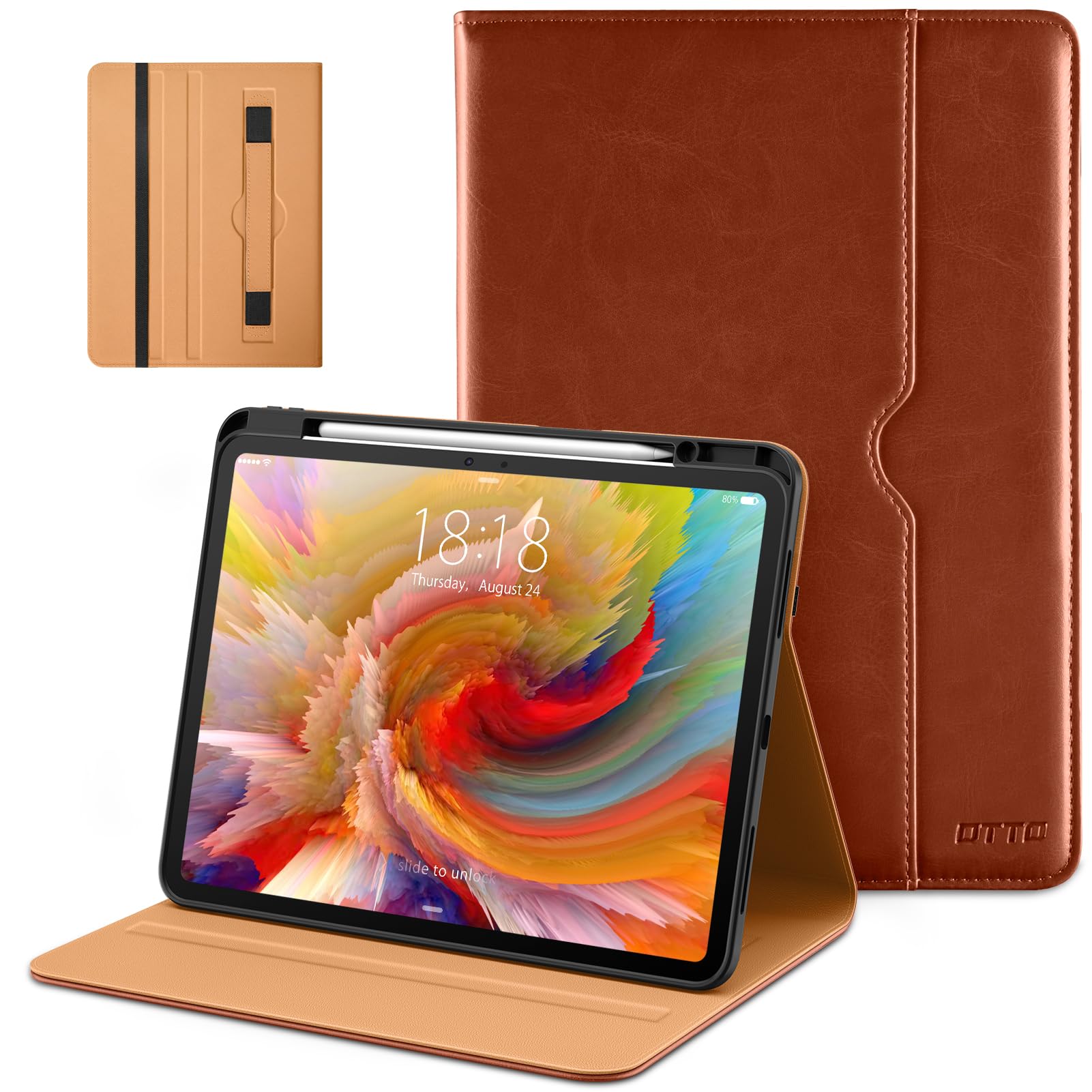 DTTO Premium Leather iPad Pro 13 inch Case (M4 2024 Model) - Business Folio Stand Cover with Apple Pencil Holder, Auto Wake/Sleep, Multiple Viewing Angles, Built-in Hand Strap & Storage Pocket - Perfect for Office Work, Travel & Home Use (Brown)