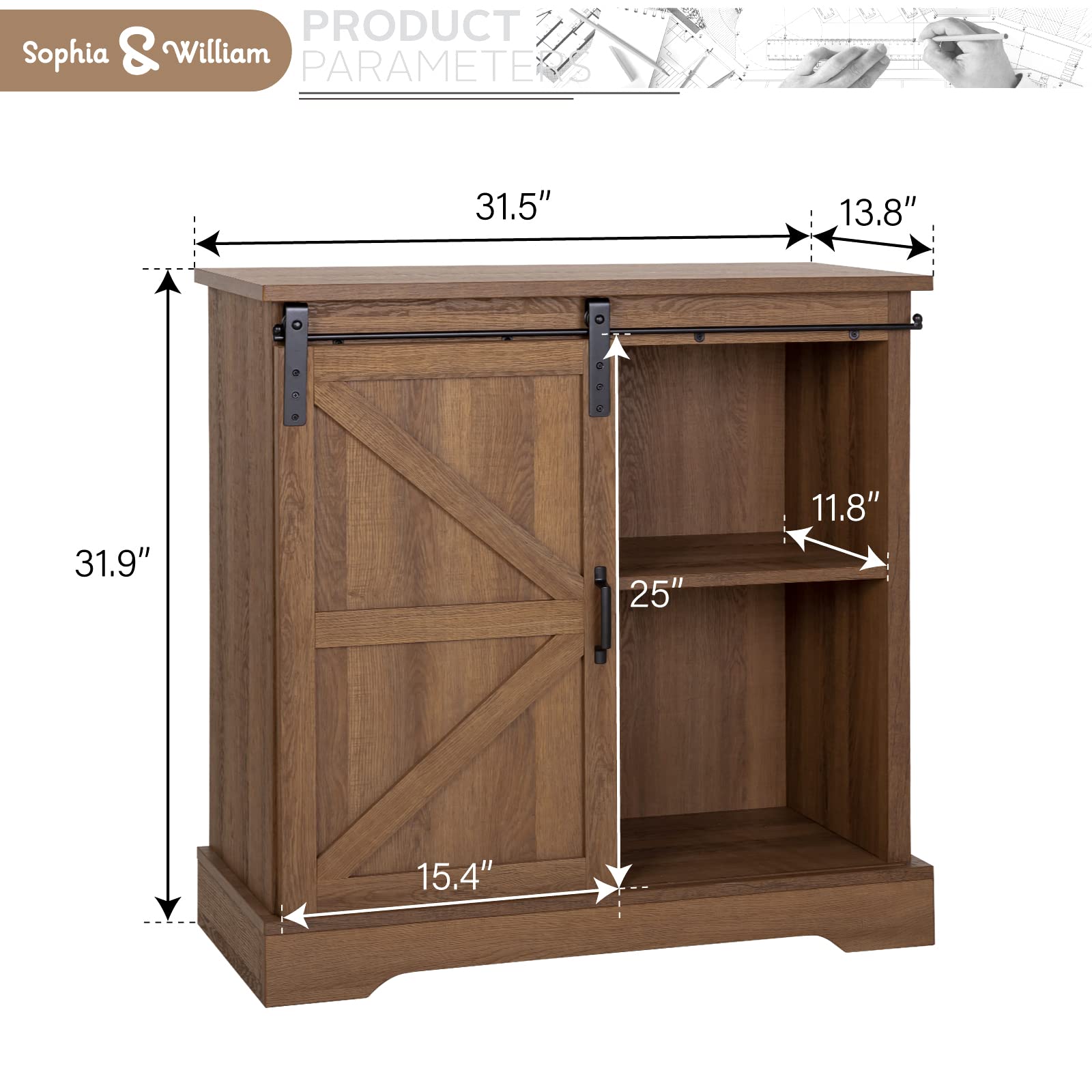 Sophia & William Farmhouse Coffee Bar Cabinet - Kitchen Buffet Storage with Sliding Barn Door - 31.9