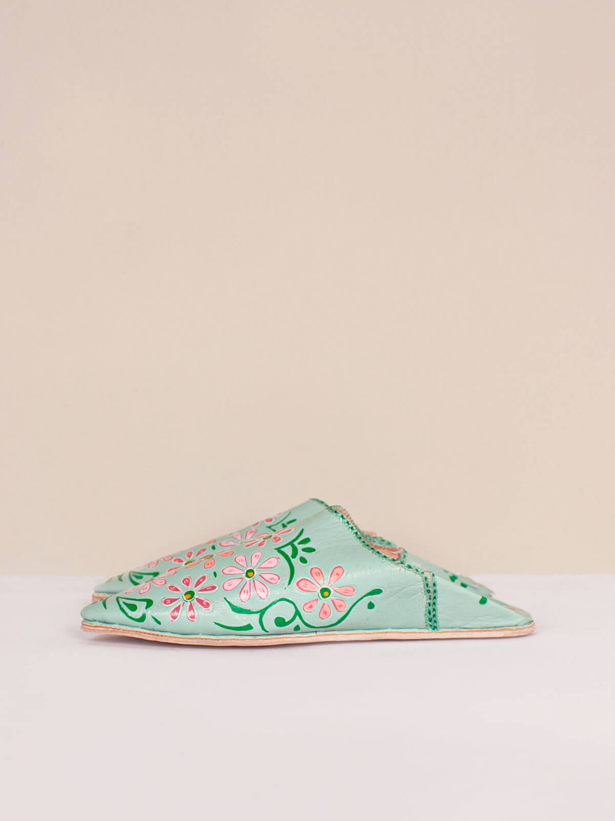 Hand Painted Floral Moroccan Babouche Slippers - Soft Comfort House Shoes for Women, Sage Green | Perfect for Home, Lounge & Boho Style Outfits
