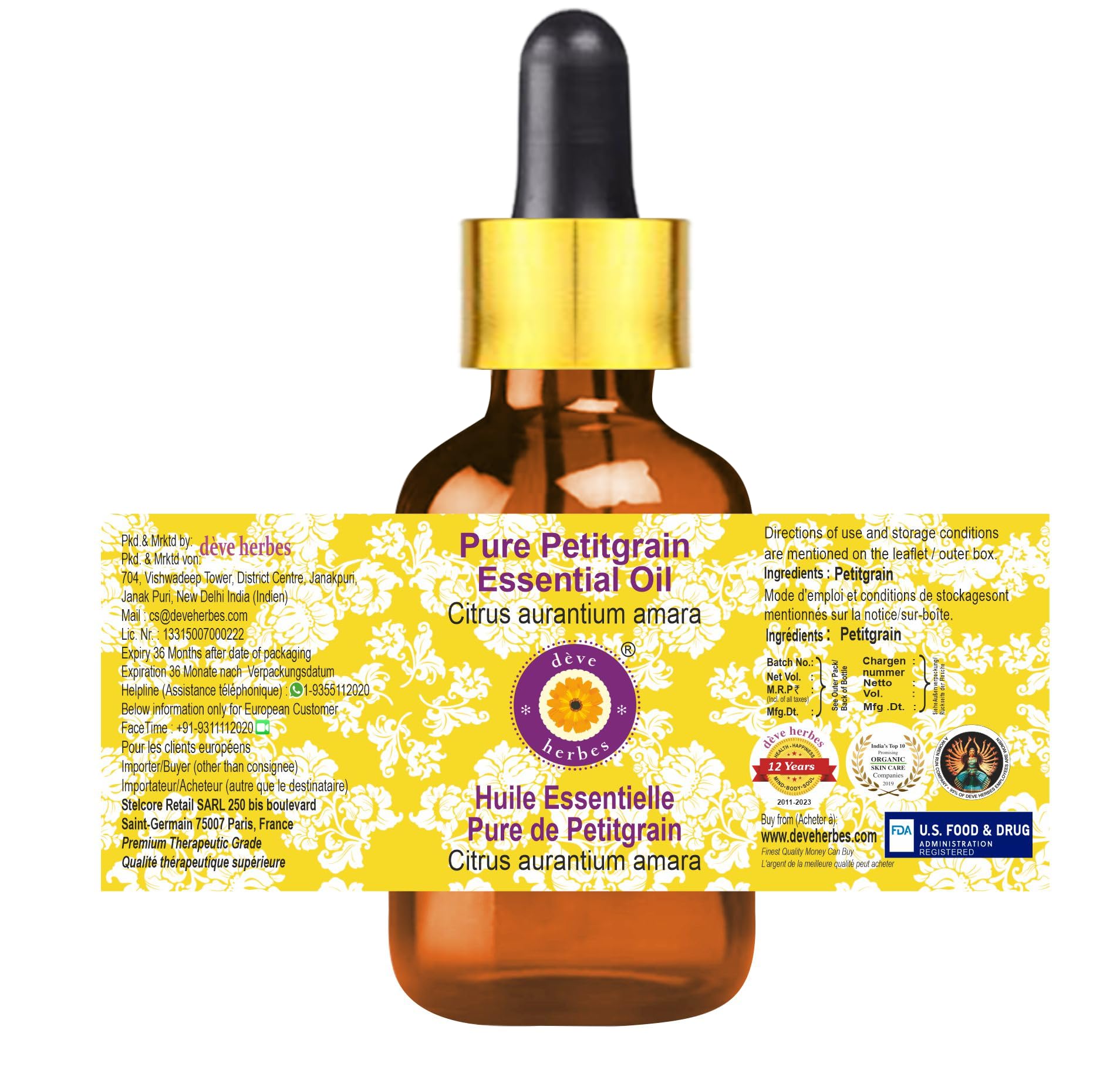 Deve Herbes Pure Petitgrain Essential Oil (Citrus aurantium amara) - 10ml Steam Distilled with Glass Dropper - Aromatherapy, Diffuser & Skincare Use