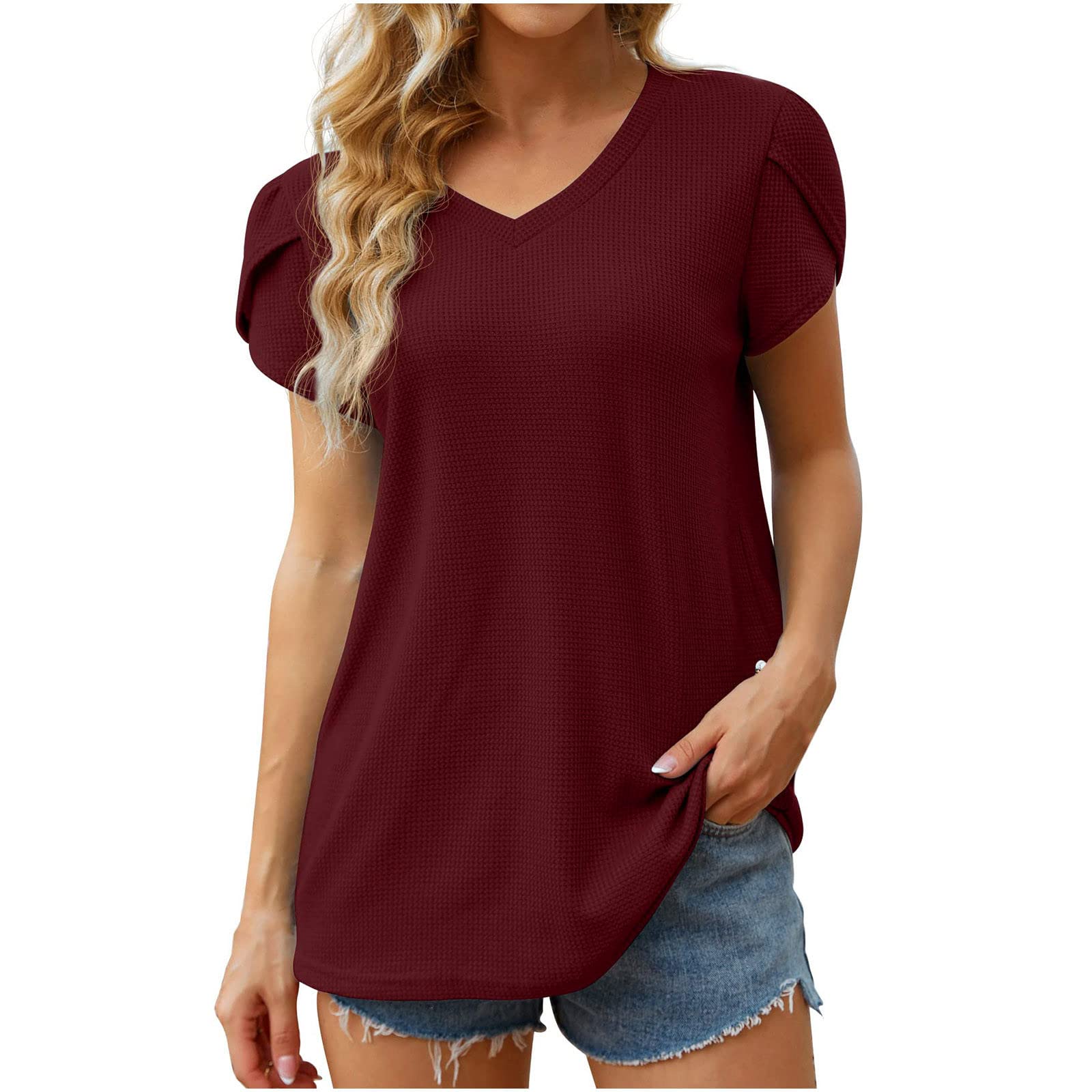 Women's Summer V-Neck Petal Sleeve Tops - Slim Fit Plain Solid Color Blouses & Cute Waffle Tunic Shirts | Casual Office Wear, Date Night Outfits, Spring Summer Fashion