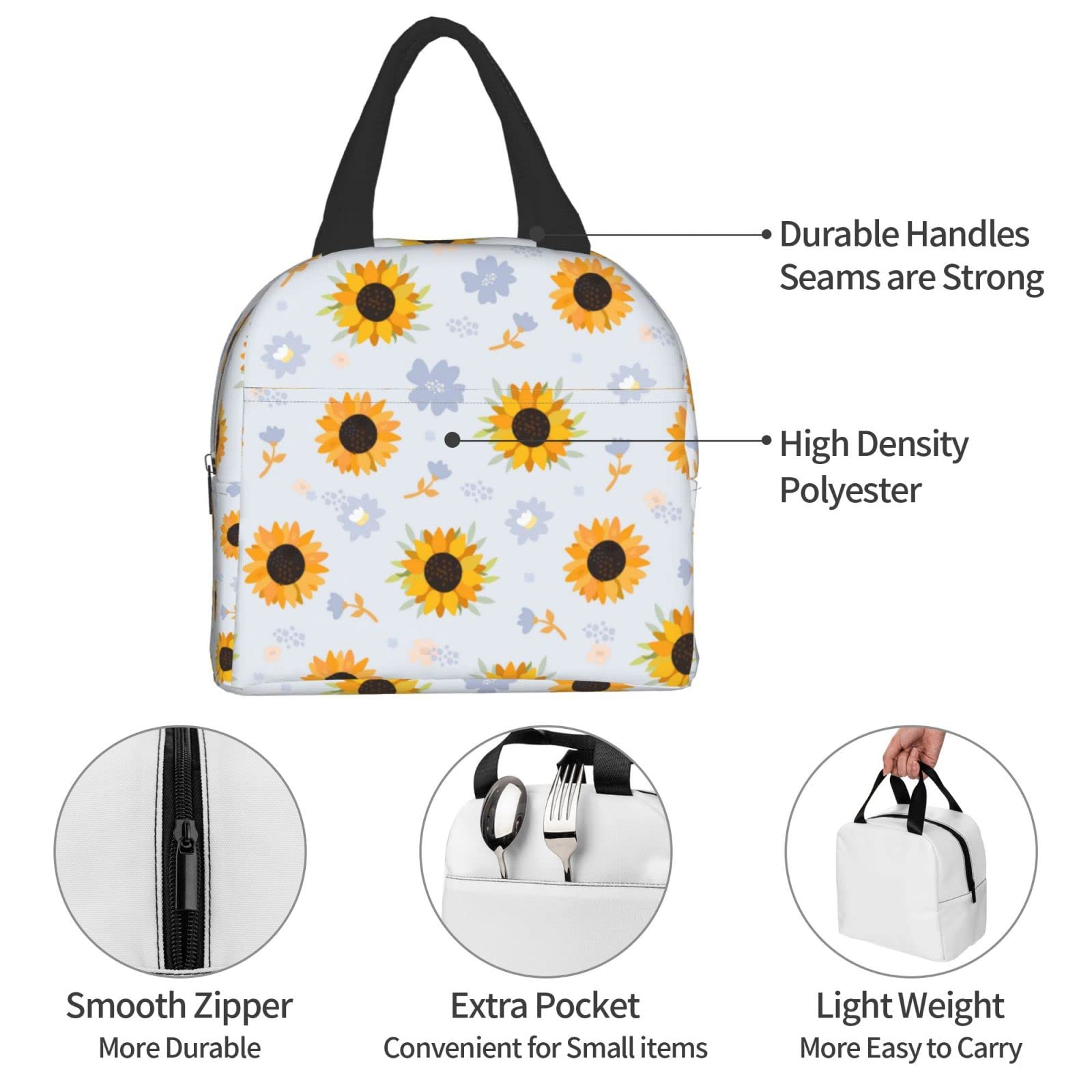 Insulated Lunch Bag with Sunflower Print - Reusable & Portable Lunch Box for Men & Women - Perfect for Work, Travel, Picnic & Outdoor Activities