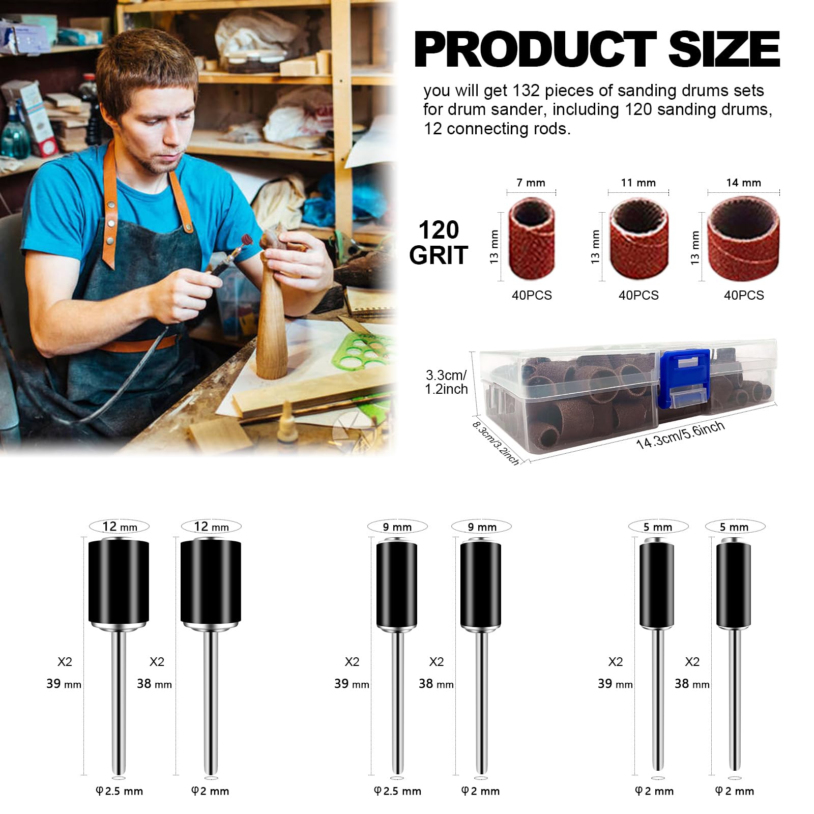 132-Piece Sanding Drum Set with Free Storage Box - Aluminum Oxide Rotary Tool Sanding Drums for Dremel & Power Tools - Perfect for Woodworking, Metal Polishing & DIY Crafts