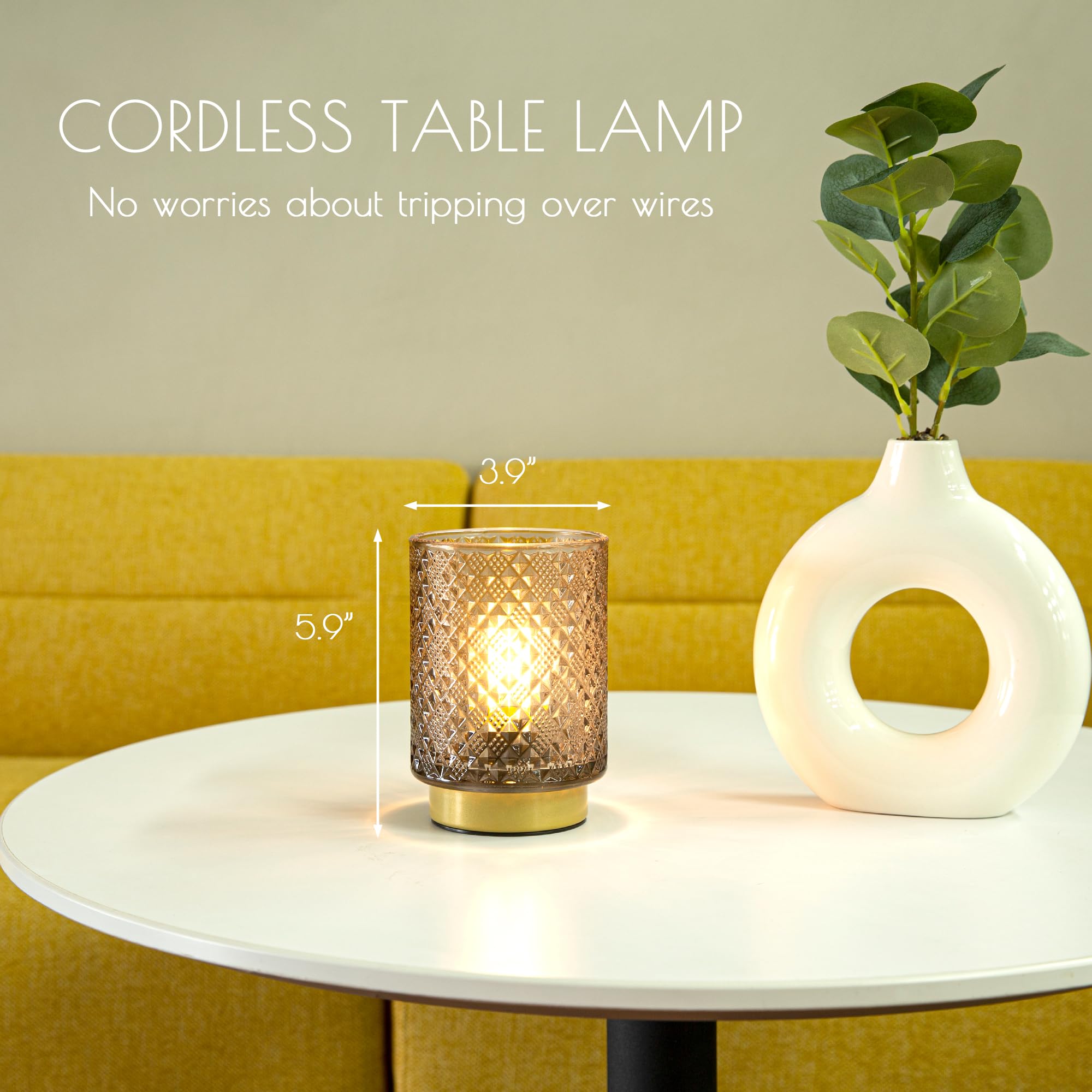 Battery Operated Lamp with Timer - Small LED Table Lamp, Cordless Glass Bedside Lamp for Living Room & Entryway, Diamond Design Amber Light - Perfect for Nightstands, Dorm Rooms, and Emergency Lighting
