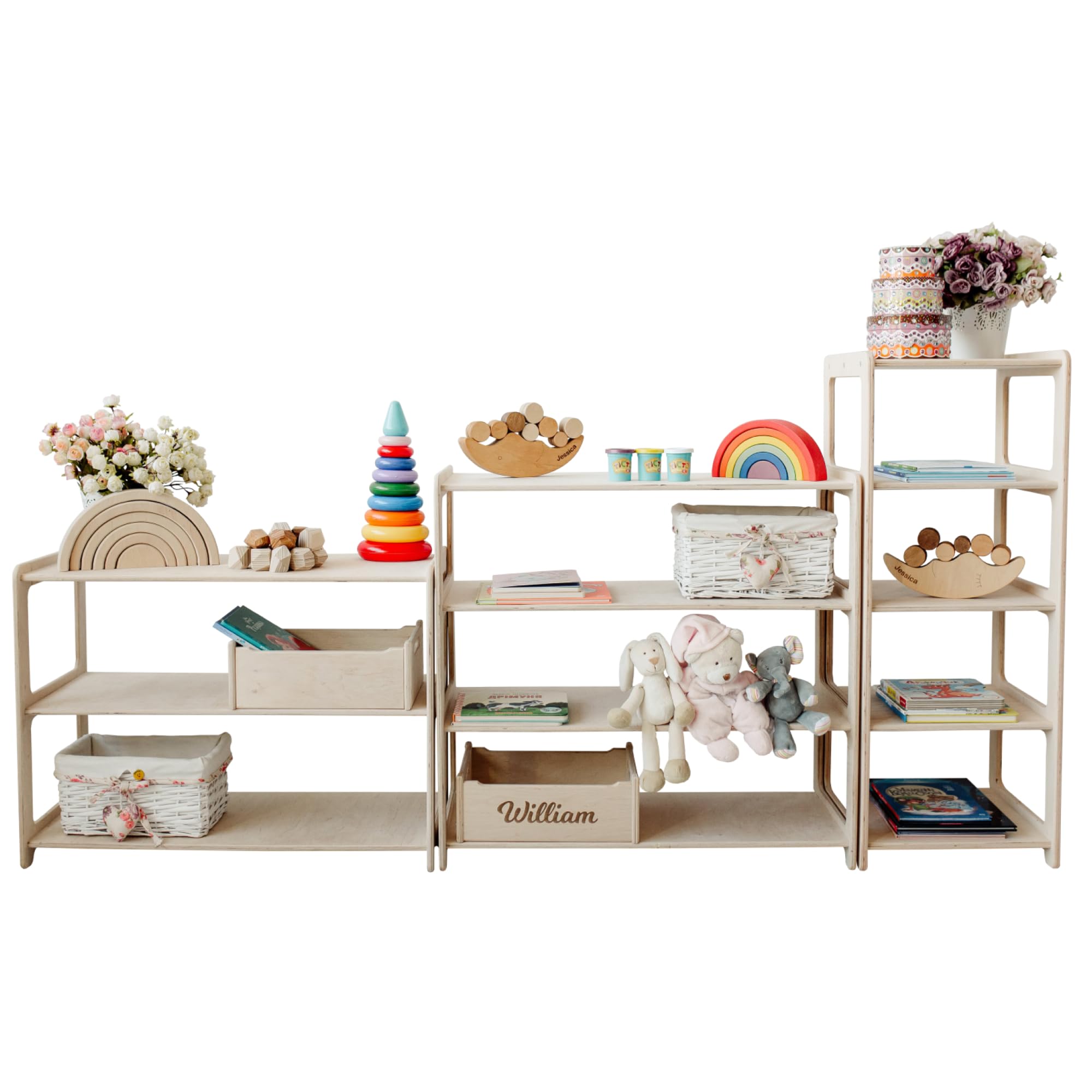 Set of 3 Montessori Toy Shelves & Kids Clothing Rack - Wooden Open Storage Shelves for Toys, Books & Clothes - Perfect for Playroom, Bedroom & Montessori Classroom Organization