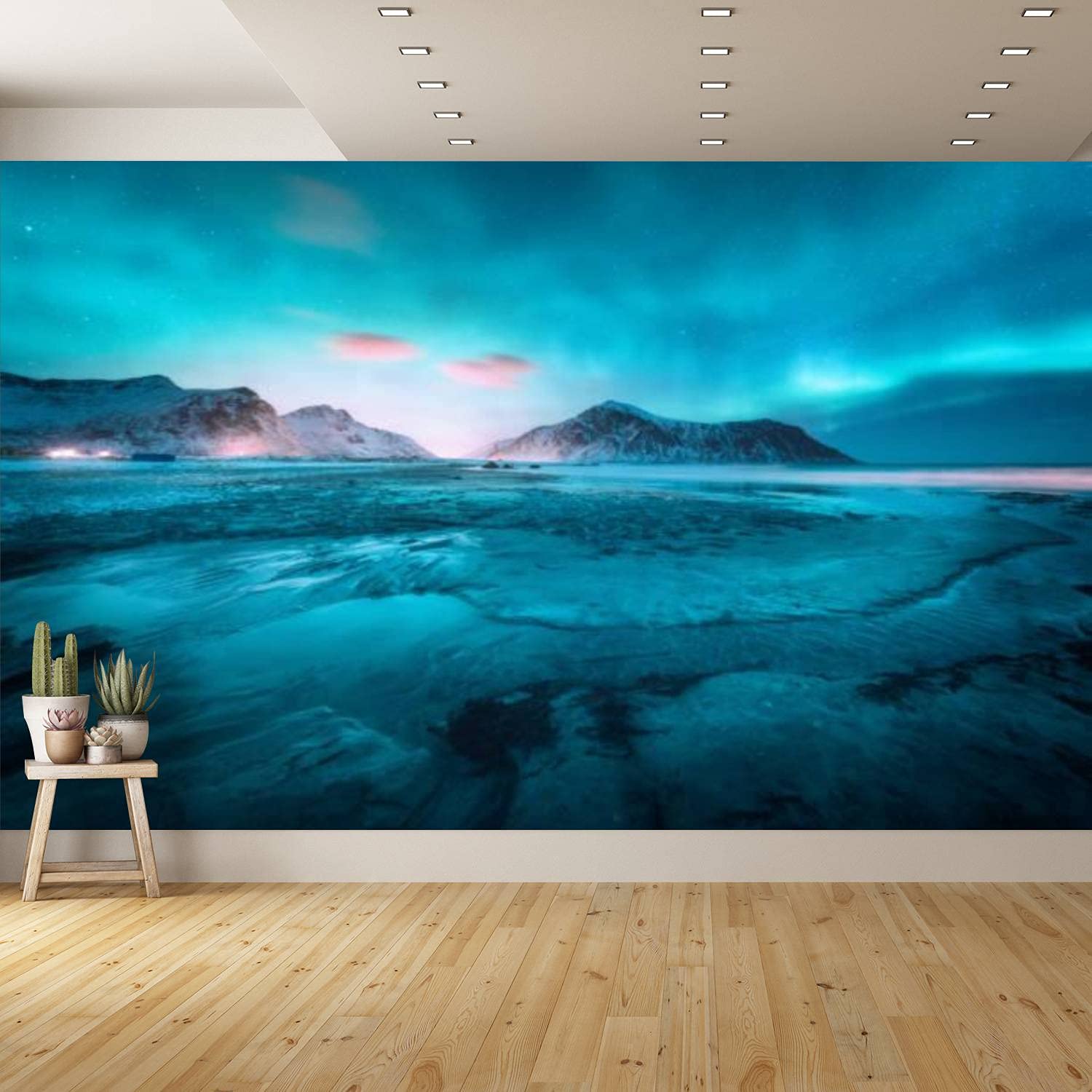 Removable Peel and Stick Wallpaper - Self-Adhesive Canvas Wall Decor for Bedroom, Kitchen, Bathroom | Winter Northern Landscape with Borealis, Snowy Mountains & Sandy Beach in Black & White | Easy DIY Home Decoration for Walls, Furniture, Cabinets & Shelves