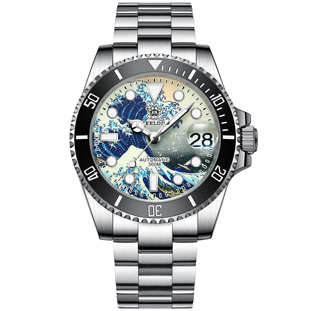 STEELDIVE Men's Automatic Diver Watch - Luxury 300m Waterproof Mechanical Wristwatch with C3 Super Luminous Kanagawa Wave Dial, Ceramic Bezel & NH35 Movement - Perfect for Scuba Diving, Snorkeling and Water Sports