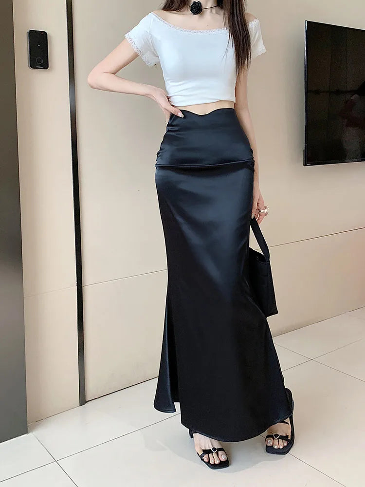 Black & Brown High Waist Pleated Fishtail Wrap Skirt for Women | Korean Style Office & Summer Elegant Skirt 2024 | Perfect for Work, Dating & Special Occasions