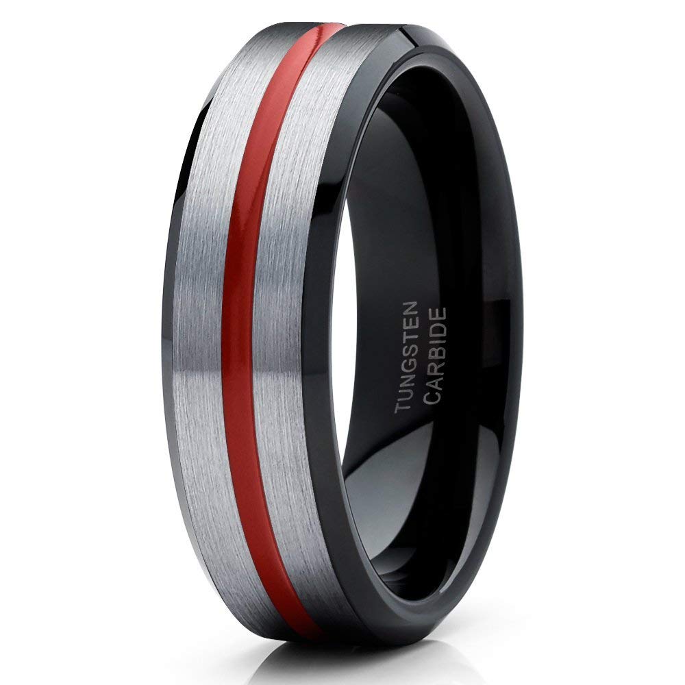 Red Tungsten Wedding Band for Men & Women - 6mm Comfort Fit Tungsten Carbide Ring - Black & Red Anniversary Rings for Couples - Durable & Scratch-Resistant Jewelry for Weddings, Engagements, and Special Occasions