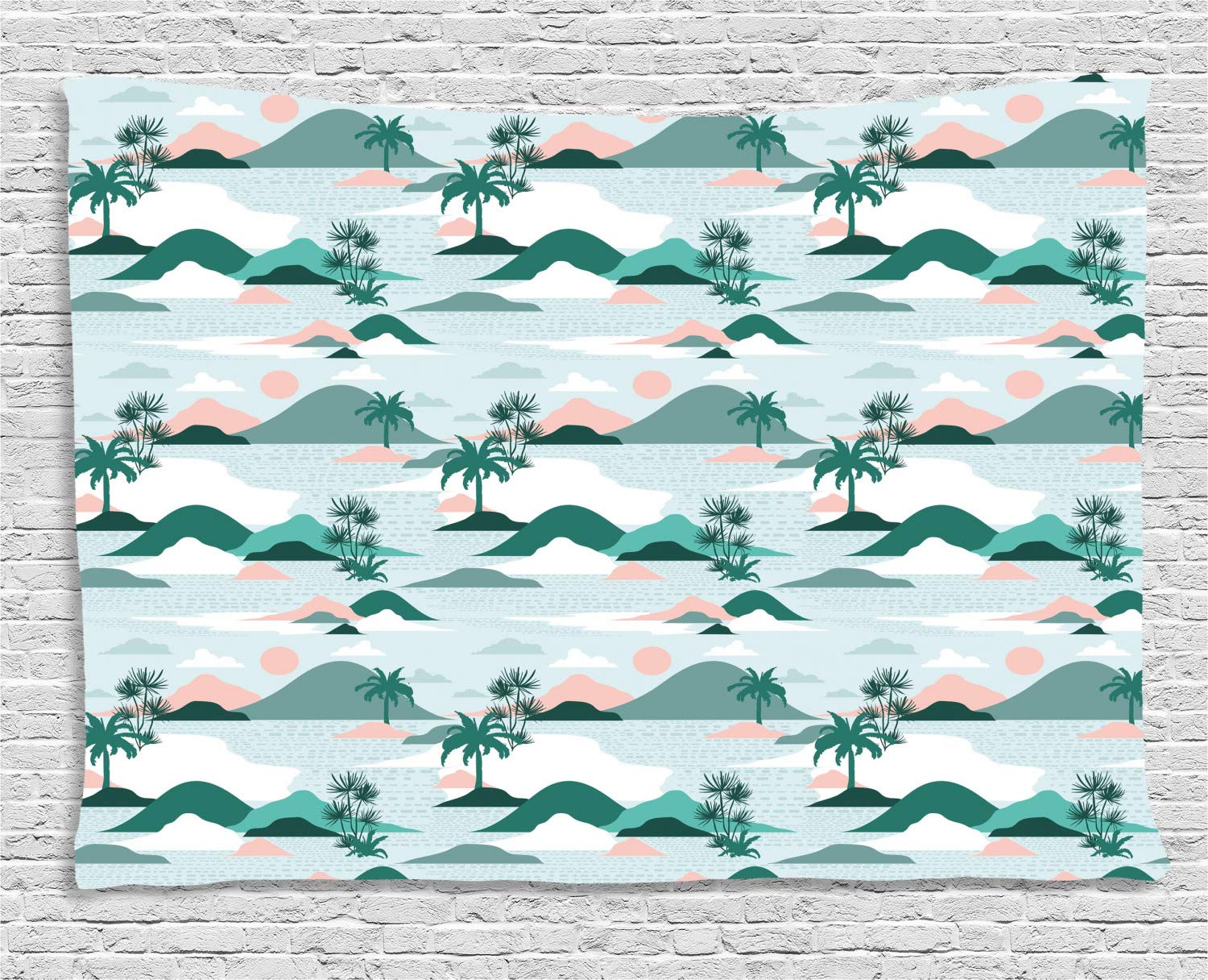 Ambesonne Hawaii Beach Tapestry Wall Art - Pastel Palm Trees & Ocean Landscape in Paper Cut Style, 60