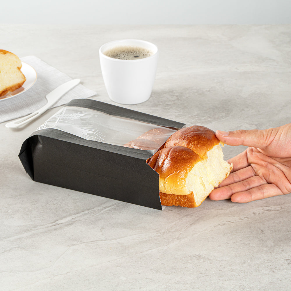 Eco-Friendly Black Paper Bread Bags - Micro Perforated, Greaseproof, Wheat Pattern (4.75
