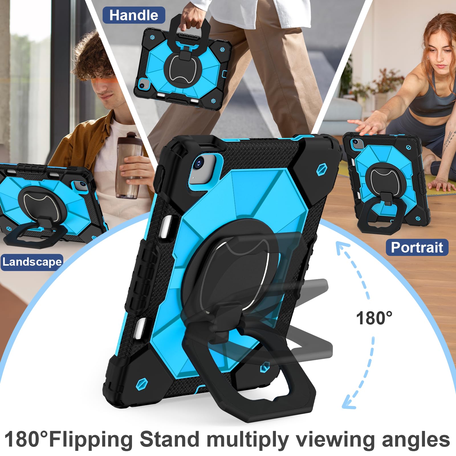 Heavy Duty iPad Air 11 Inch Case for M3/M2 (2025/2024) - 7th/6th Generation Protective Cover with Rotating Stand, Screen Protector, Pencil Holder & Shoulder Strap (Black/Blue) - Perfect for Work, Travel & School Use