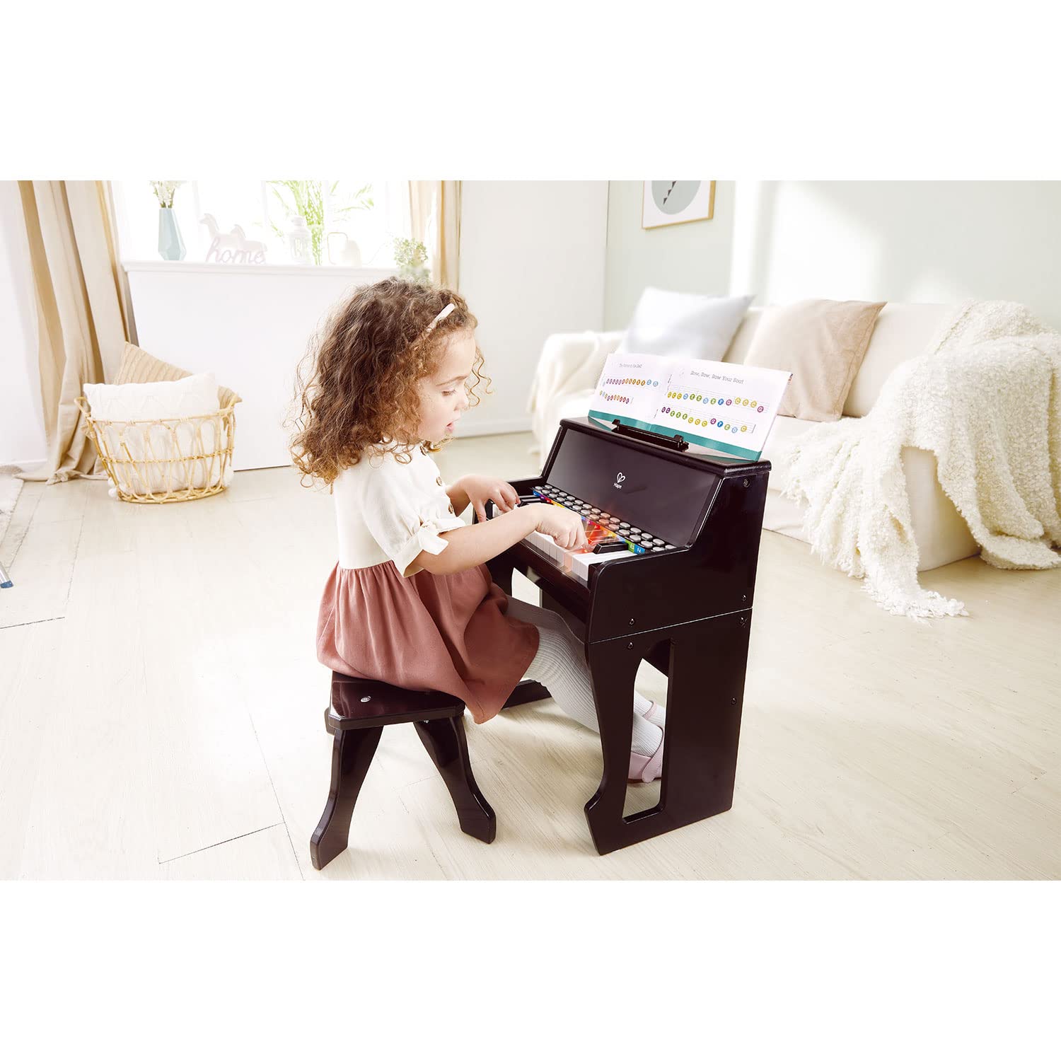 Hape Learn with Lights Black Piano with Stool - Kids Musical Toy Keyboard for Early Learning & Play - Perfect for Home, Classroom & Music Enthusiasts